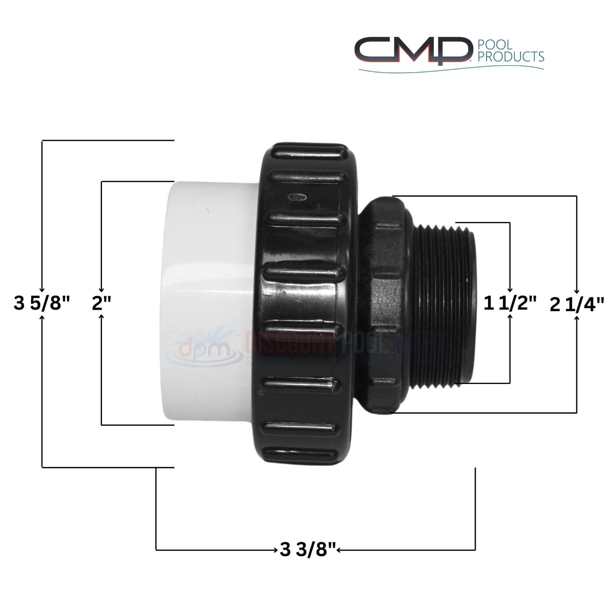 CMP Hi Temp PVC Threaded Union 1.5" x 2" dimensions with threaded and socket connections from Discount Pool Mart DPM.