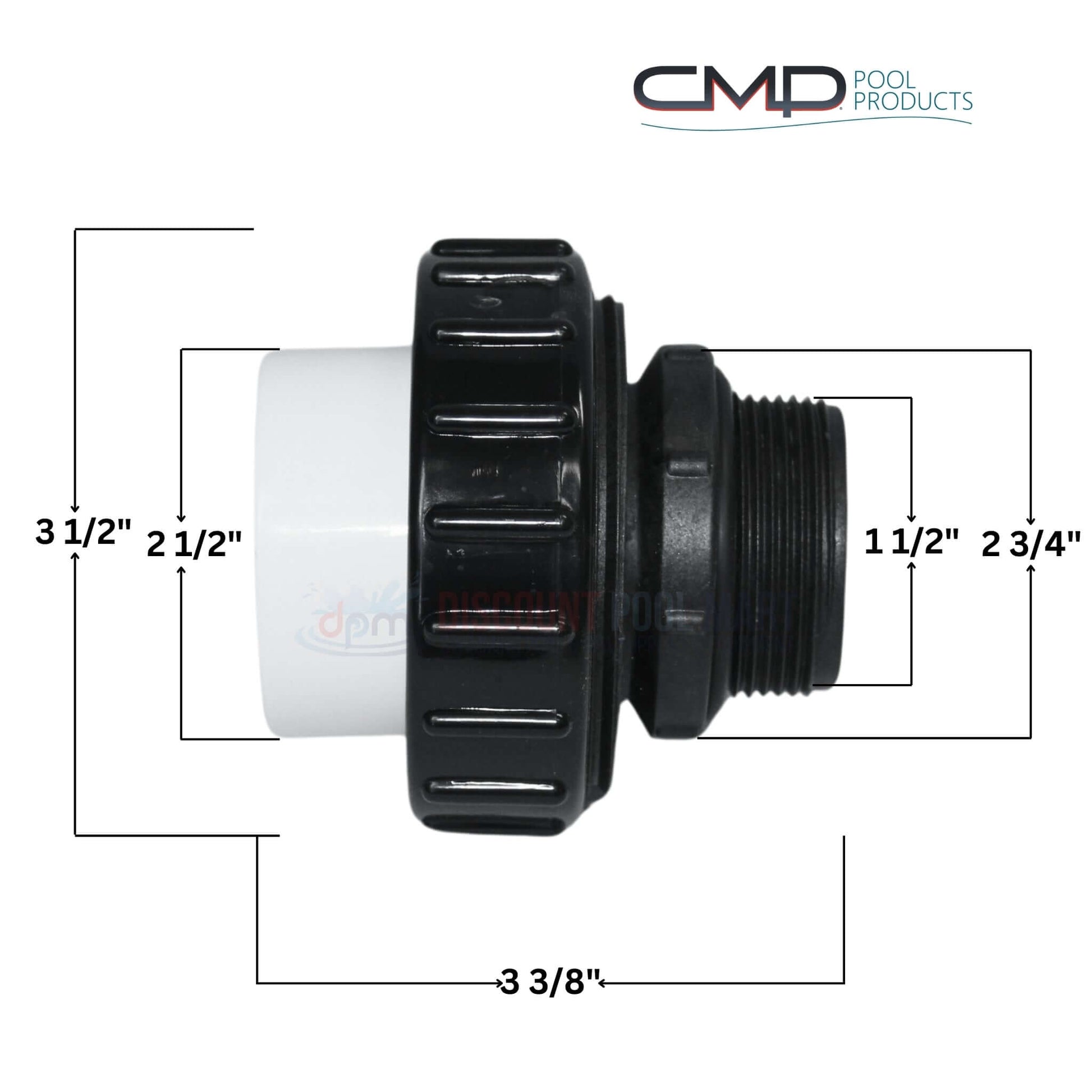 CMP Hi Temp PVC Threaded Union dimensions 1.5" x 1.5" for pool plumbing systems from Discount Pool Mart DPM.