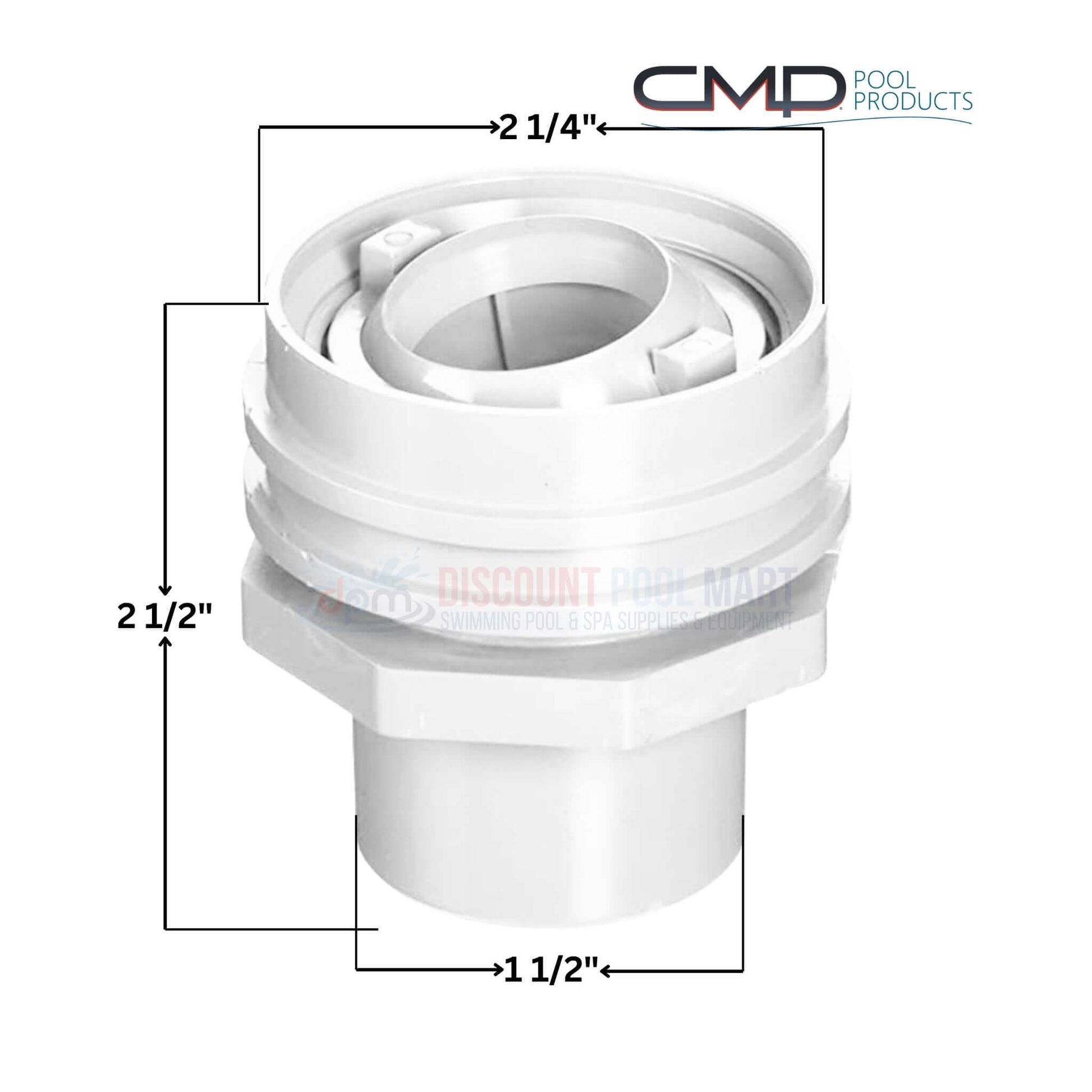CMP Flush Mount Return Fitting White 25555-000-000 features dimensions for seamless pool integration at Discount Pool Mart DPM.