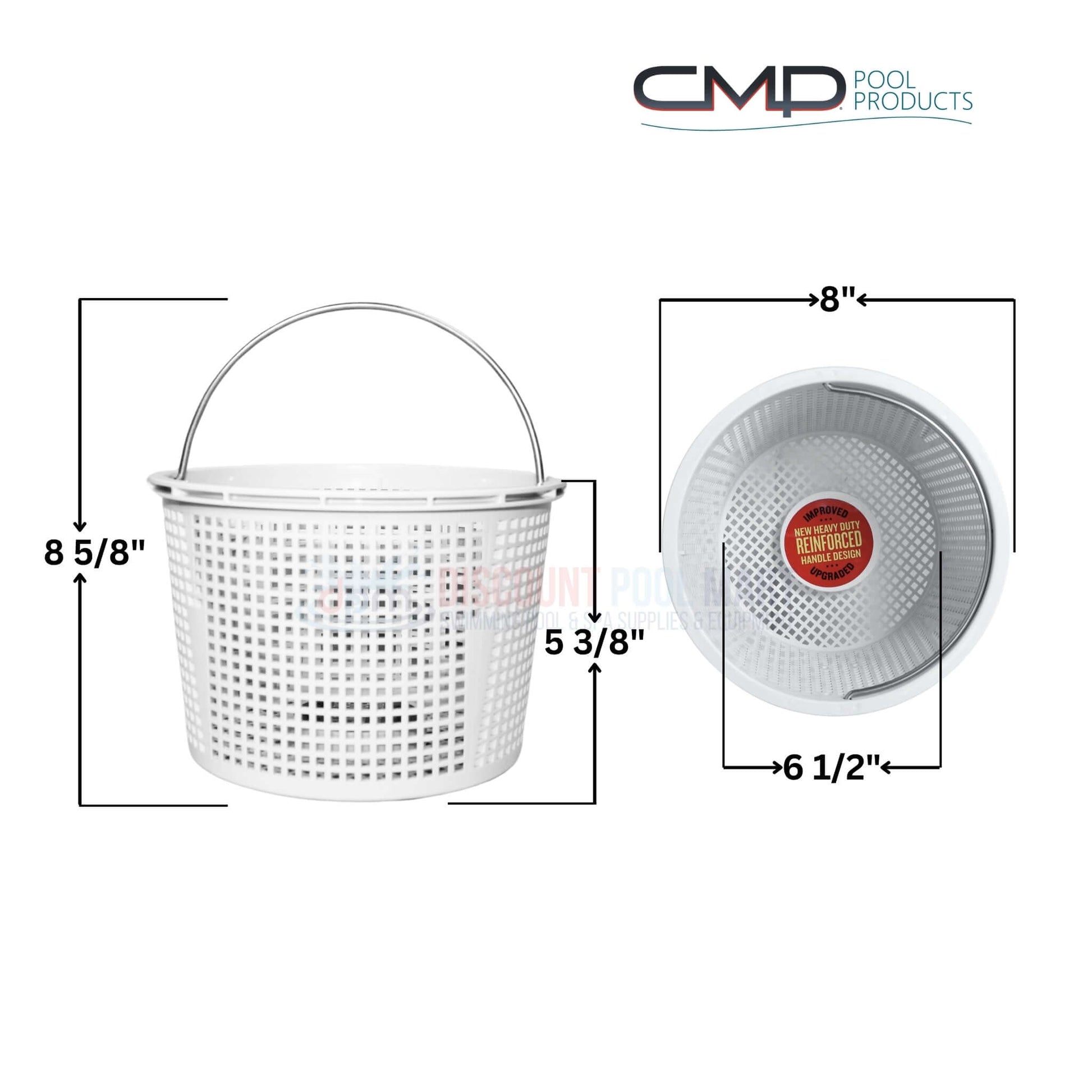 CMP Heavy Duty Skimmer Basket 27182-009-000 dimensions: 8" H, 8" W, 6 1/2" D. Available at Discount Pool Mart DPM.