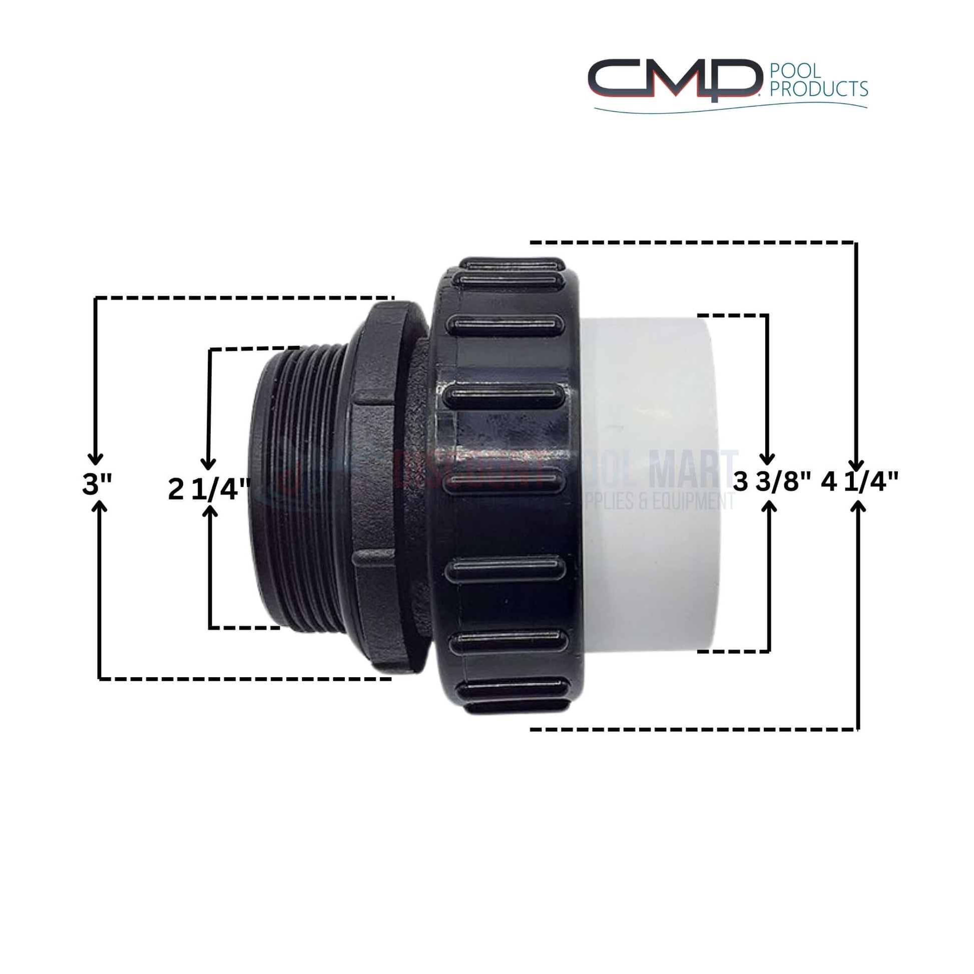 CMP Hi-Temp Union dimensions 3x2.25 inches with 3.375, 4.25 inch connections from Discount Pool Mart DPM.