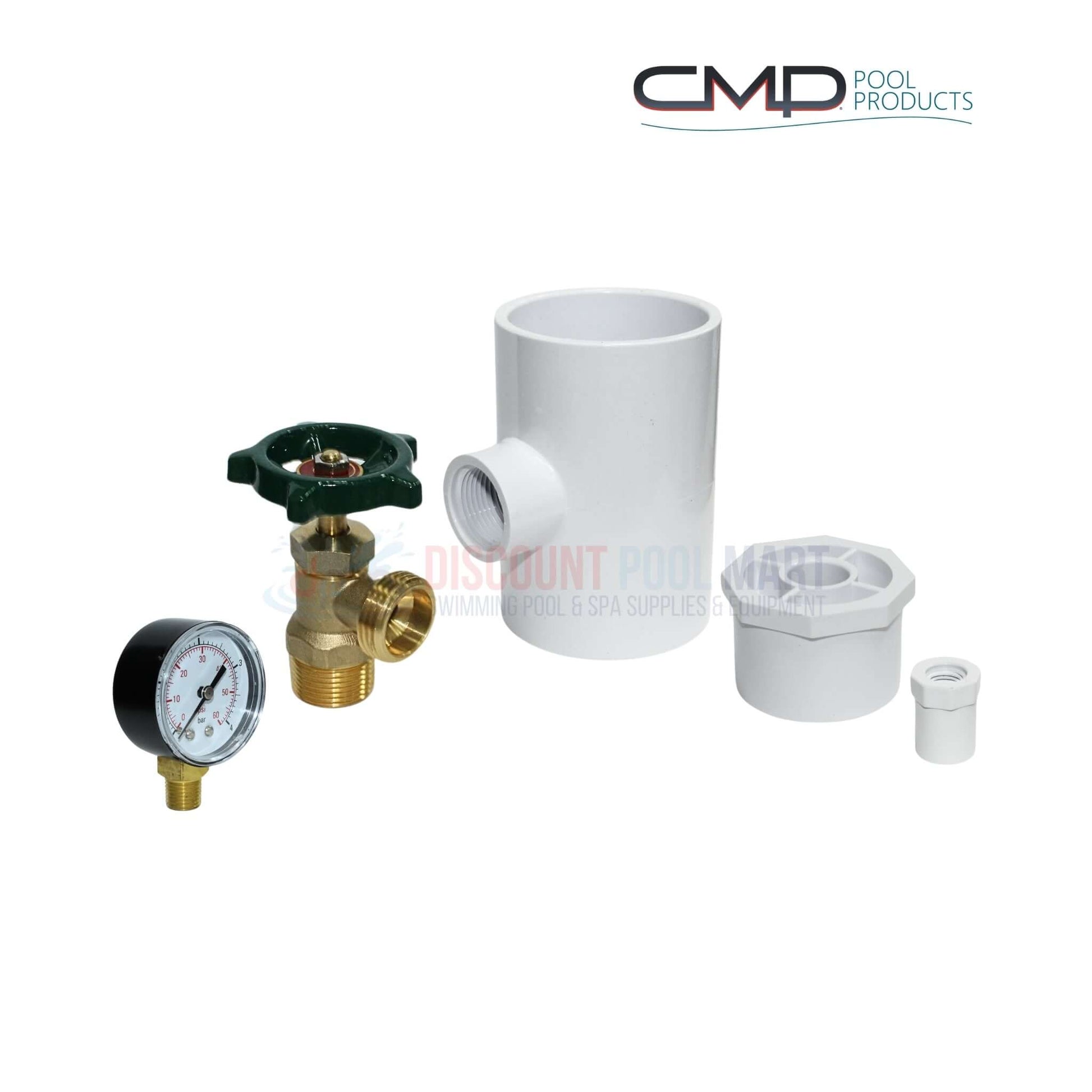 CMP Pressure Test Kit for 2-inch pool plumbing, part 25501-100-000 from Discount Pool Mart DPM, includes gauge.