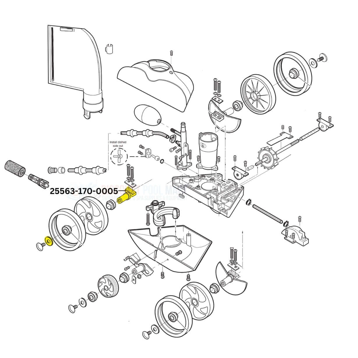 Exploded diagram of CMP Rear Wheel Large Axle 25563-170-000 for Polaris Vac-Sweep 180 280 cleaners.