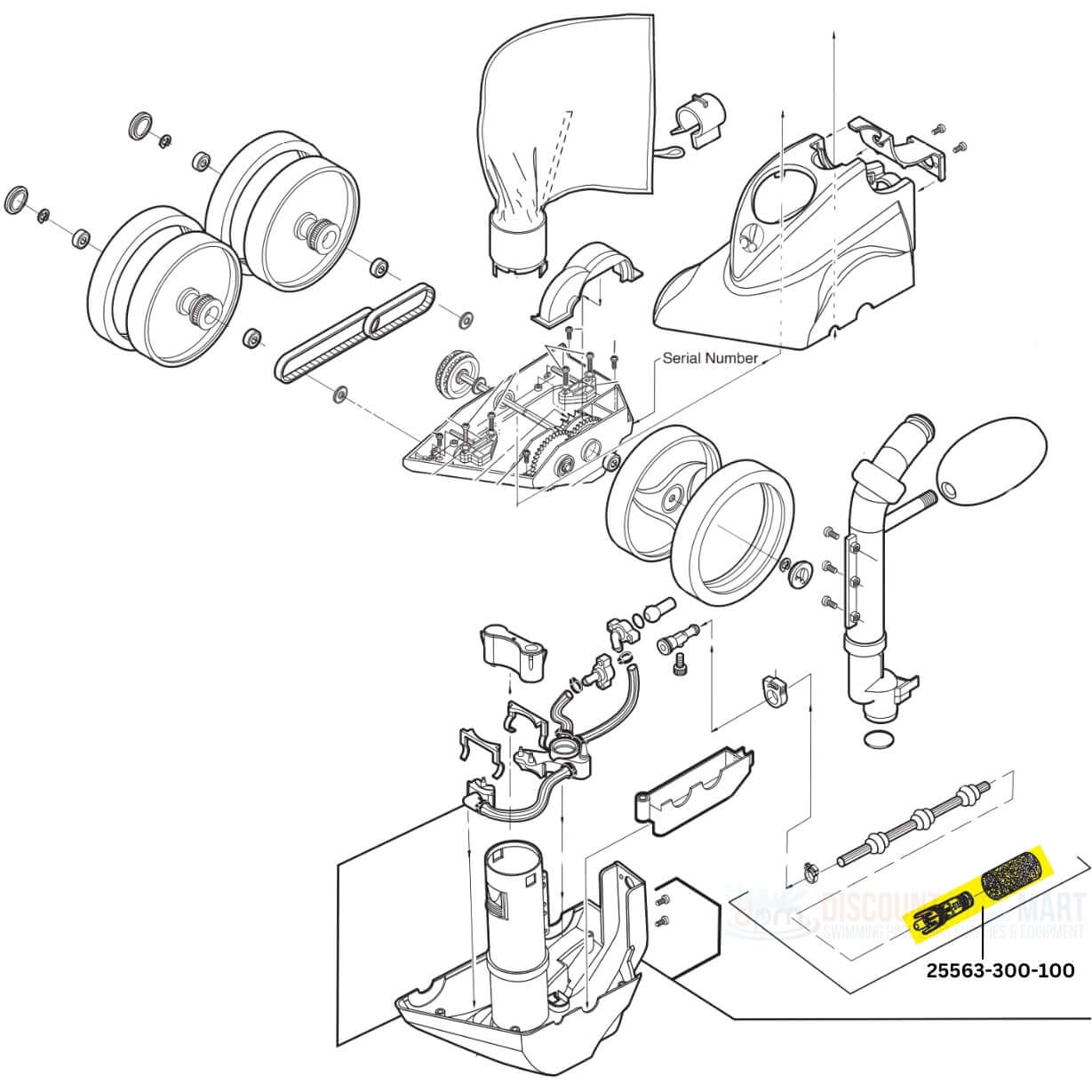Exploded diagram of CMP Tail Sweep Pro Strip Clip 25563-300-100 for Polaris pool cleaners from Discount Pool Mart DPM.