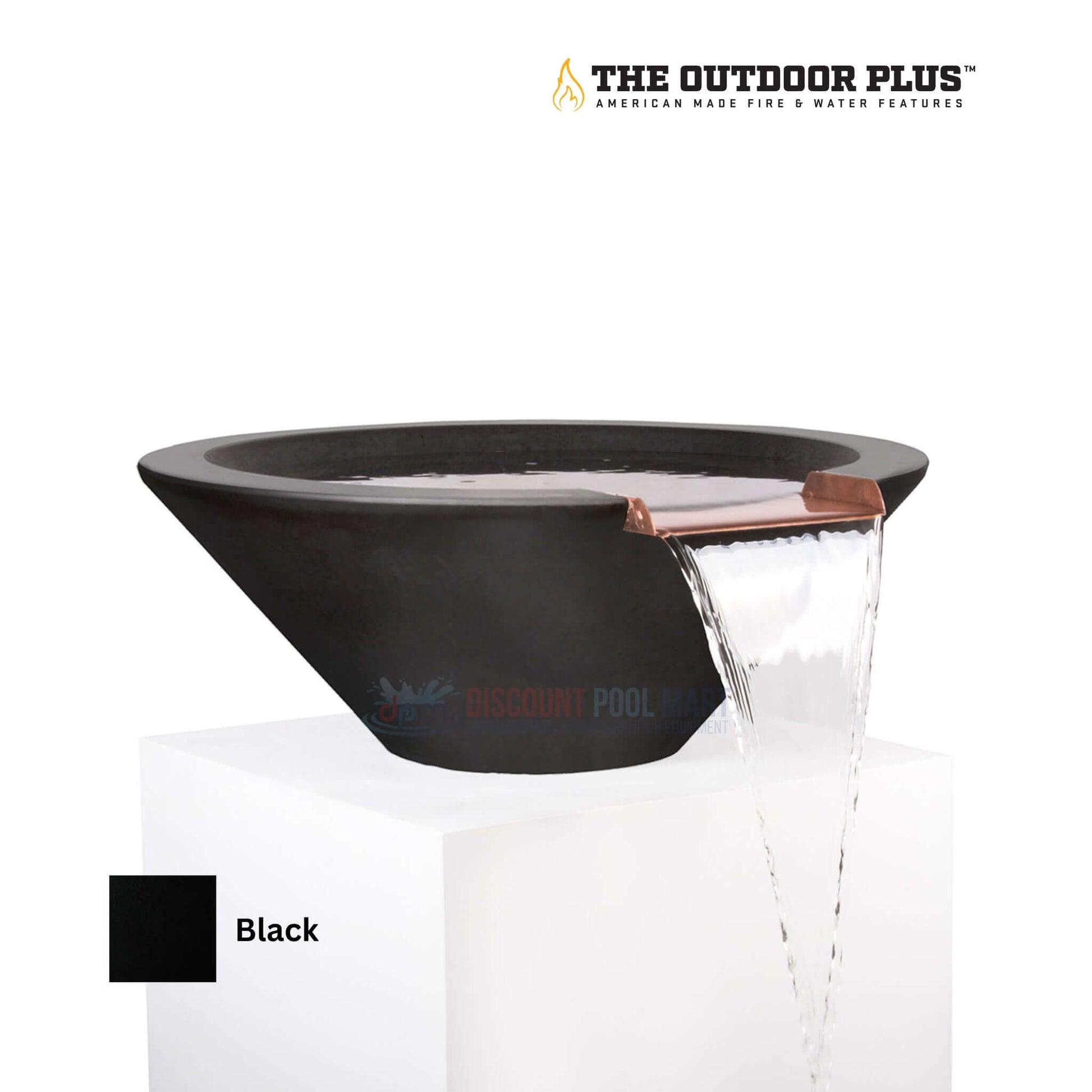 The Outdoor Plus Cazo Water Bowl in Black GFRC Concrete by Discount Pool Mart DPM, modern outdoor water feature.