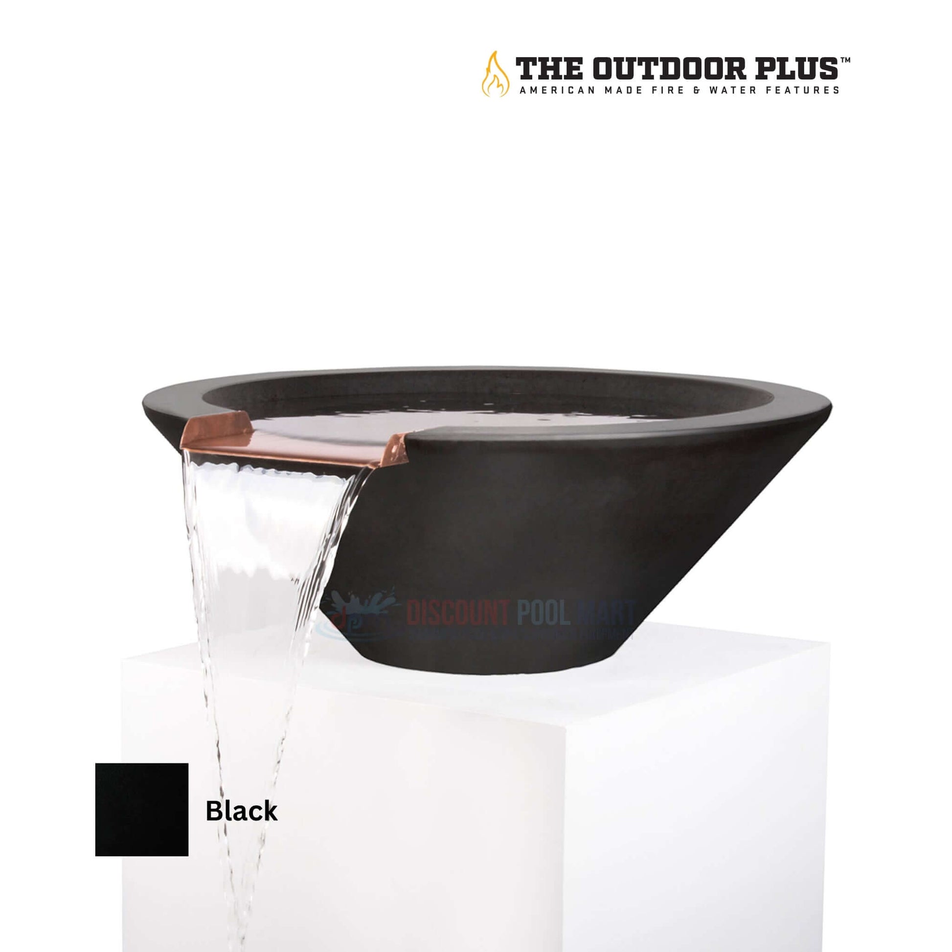 The Outdoor Plus Cazo Water Bowl in Black, GFRC Concrete by Discount Pool Mart, SKU DPM-12345, modern outdoor feature.