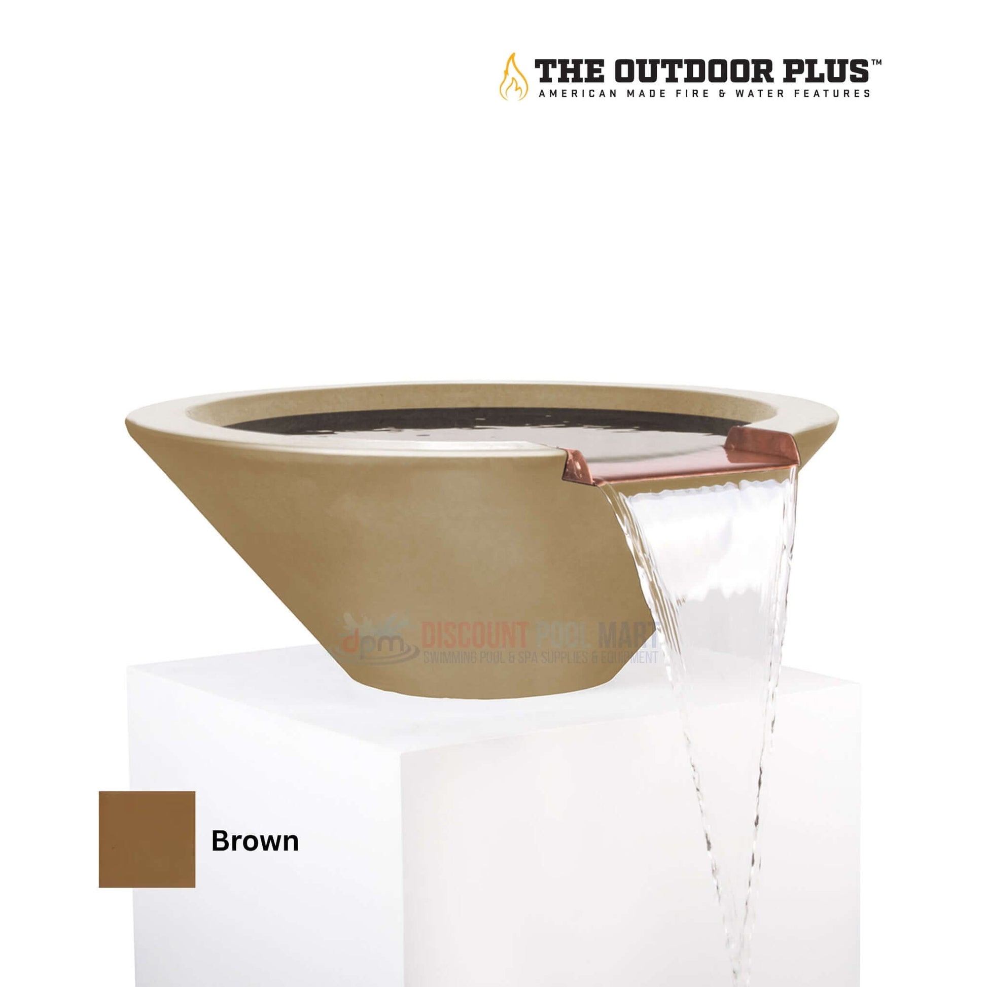 The Outdoor Plus Cazo Water Bowl in Brown, GFRC Concrete, SKU DPM, adds elegance to your outdoor space. Available at Discount Pool Mart.