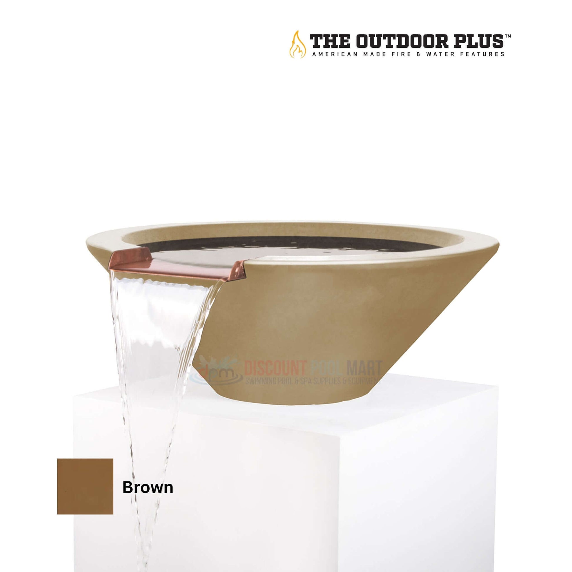 The Outdoor Plus Cazo Water Bowl in Brown GFRC Concrete by Discount Pool Mart DPM - Elegant outdoor feature with water flow.