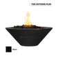 The Outdoor Plus Cazo Fire Bowl GFRC Concrete in Black by Discount Pool Mart DPM, with flame and lava rocks.
