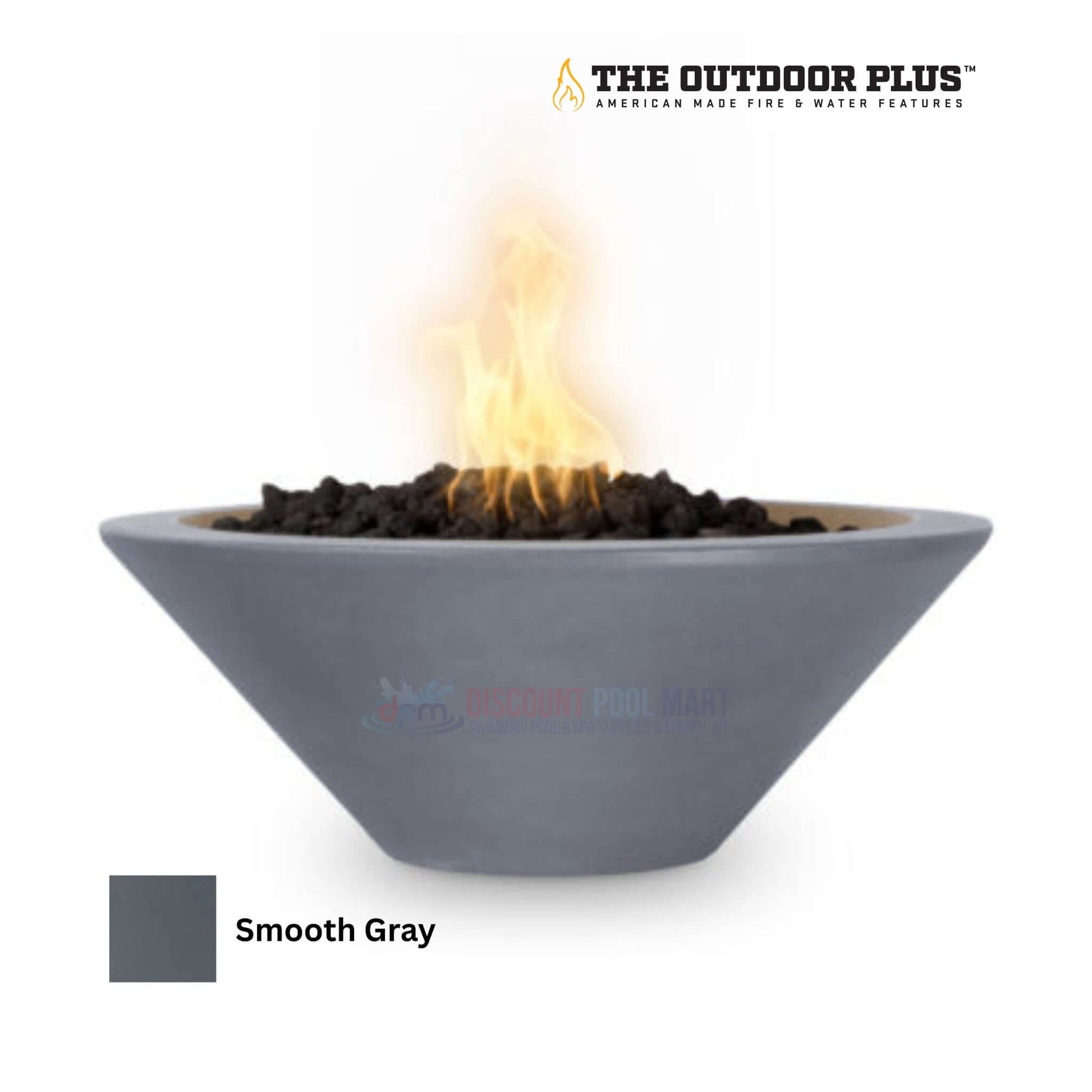 The Outdoor Plus Cazo Fire Bowl in Smooth Gray, GFRC Concrete, DPM SKU: 12345, durable round fire feature.