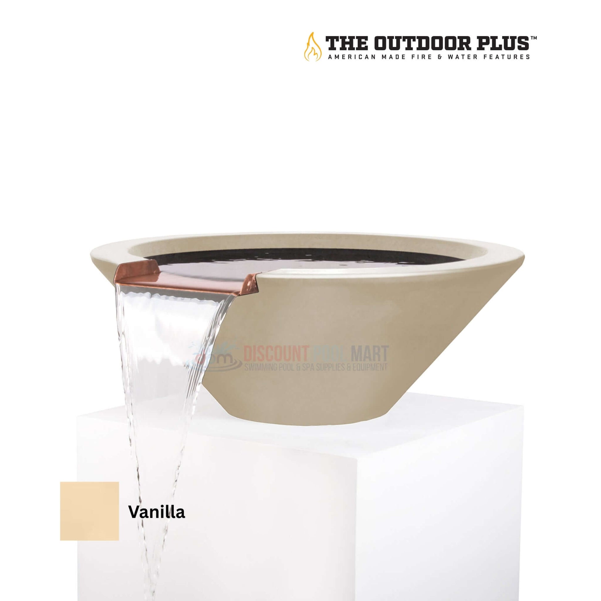 The Outdoor Plus Cazo Water Bowl in Vanilla color by Discount Pool Mart DPM, crafted from GFRC concrete, features water fountain.