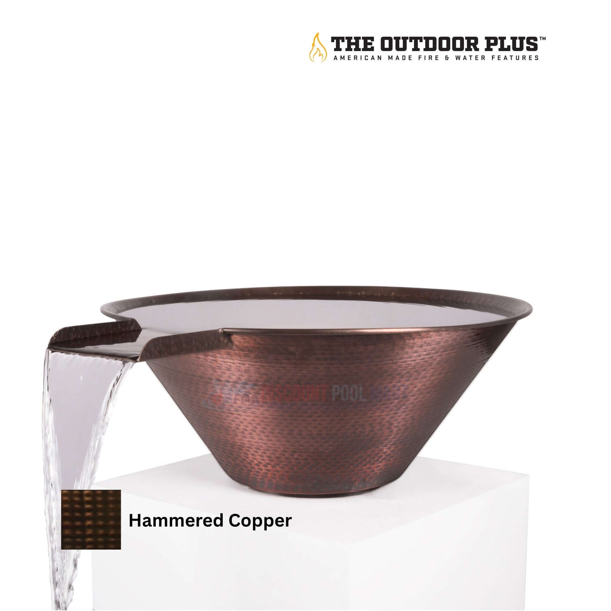 The Outdoor Plus Cazo Water Bowl in Hammered Patina Copper by Discount Pool Mart DPM, modern outdoor feature.