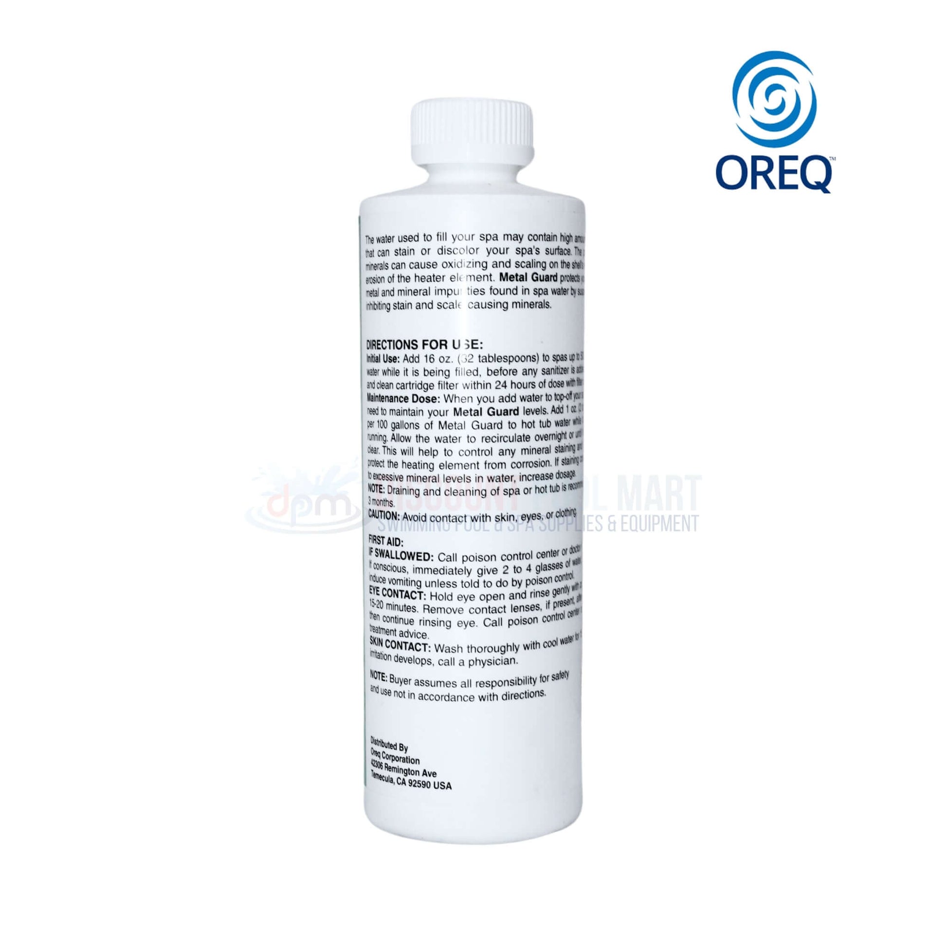 OREQ spa chemical bottle with user directions, from Discount Pool Mart DPM for optimal hot tub care.