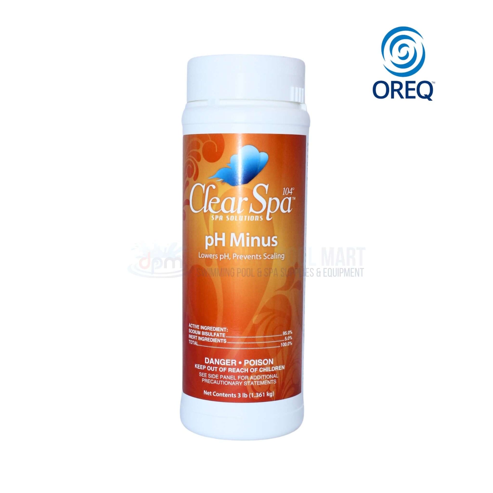 ClearSpa pH Minus 3 lbs from Discount Pool Mart DPM, fast-dissolving formula to lower pH and prevent scaling in spas.