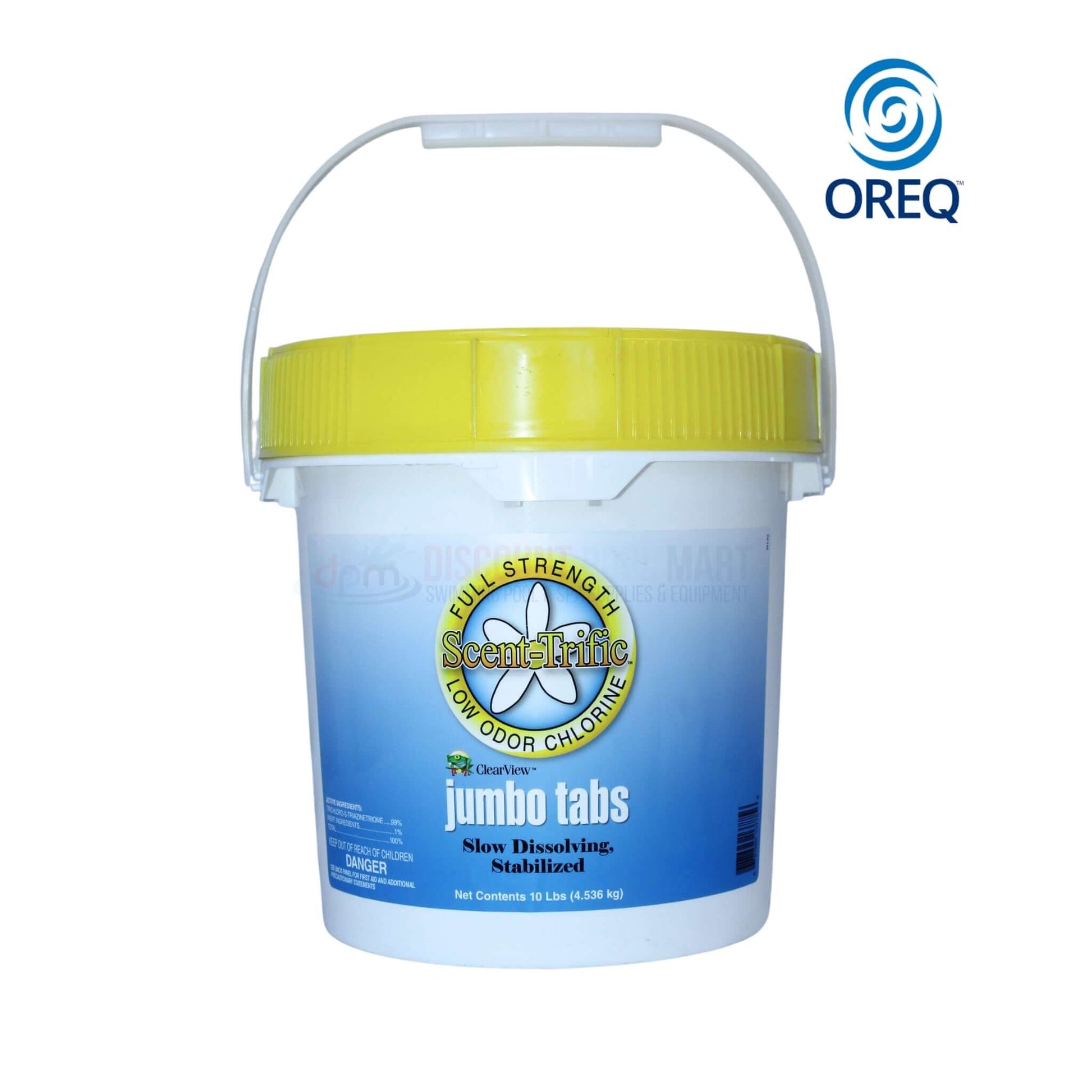 ClearView 3" Jumbo Scent-Trific Chlorine Tabs in a bucket, 10lbs, from Discount Pool Mart DPM for effective pool sanitation.
