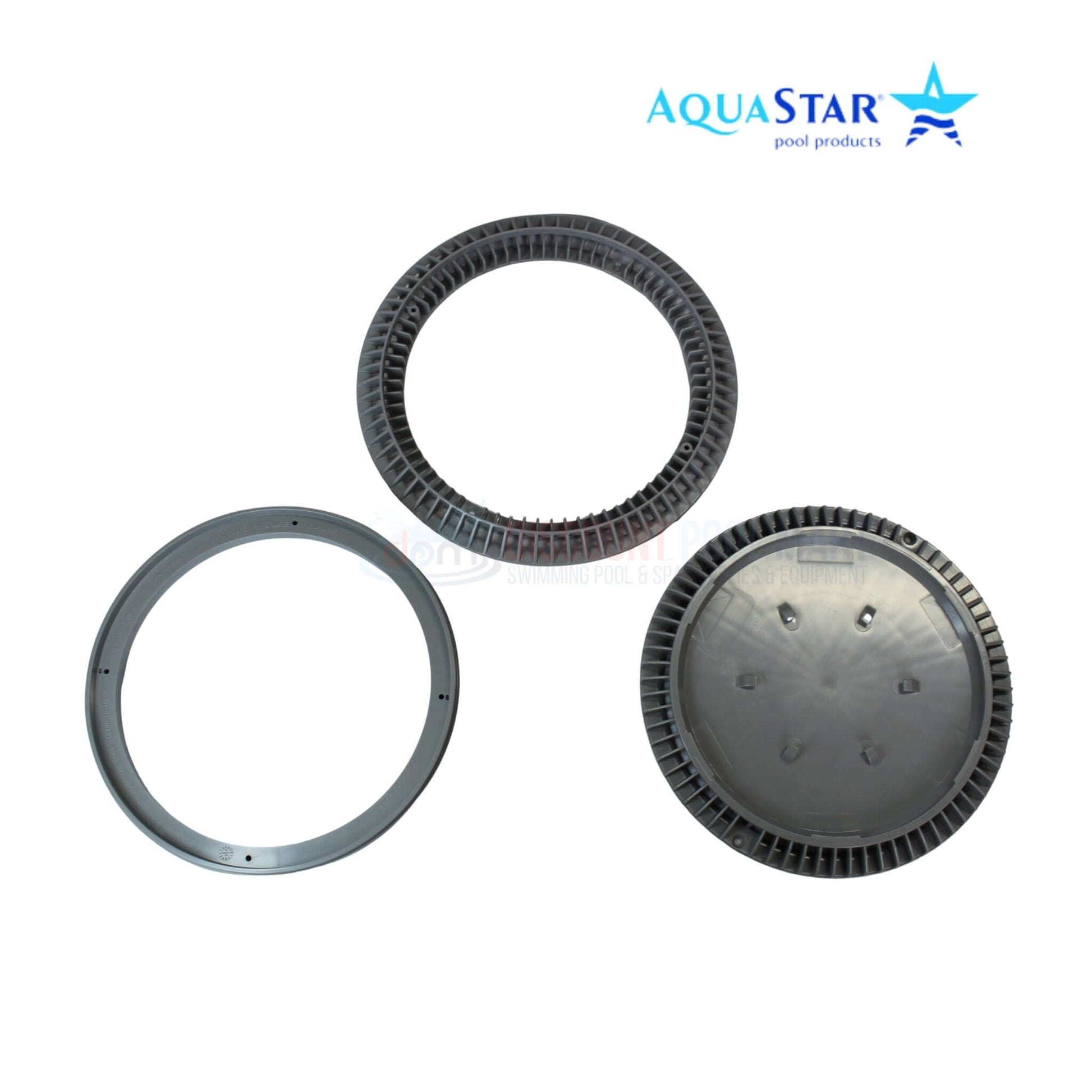 AquaStar 10" Round Suction Outlet Cover CC10103 in Gray, showing three angles, ideal for pool supplies at Discount Pool Mart.