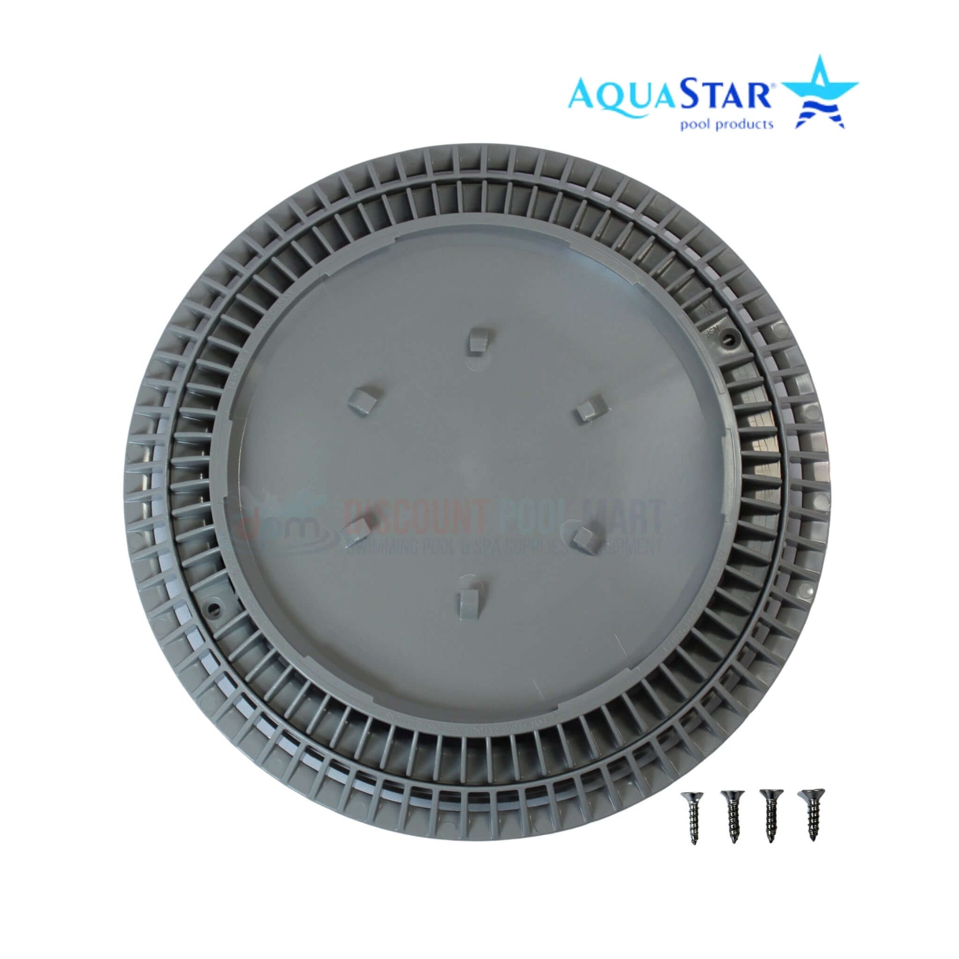 AquaStar 10" Round Gray Suction Outlet Cover CC10103 with screws, ideal for pool supplies from DPM, durable and UV-stabilized.