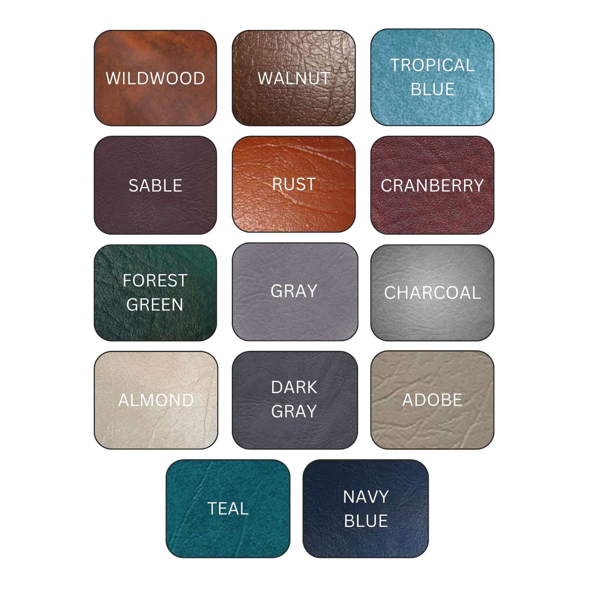 Color swatches of spa and hot tub cover materials: Wildwood, Walnut, Tropical Blue, Sable, Rust, Cranberry, Forest Green, Gray, Charcoal, Almond, Dark Gray, Adobe, Teal, Navy Blue.