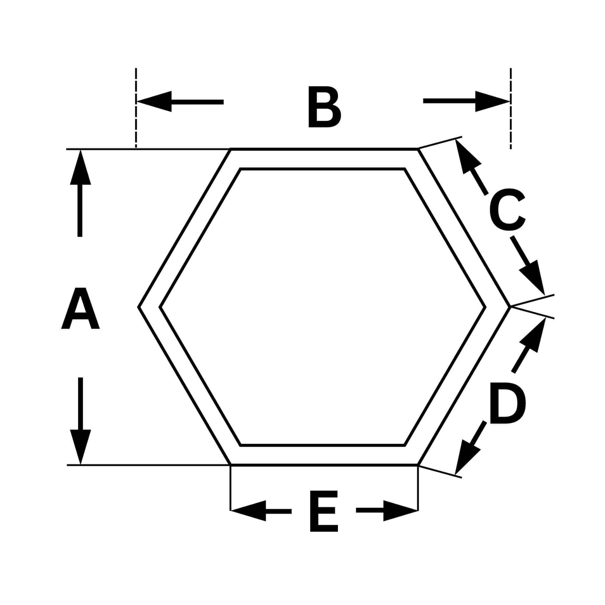 Diagram of a hexagonal shape with dimensions labeled A, B, C, D, and E for precise measurements.