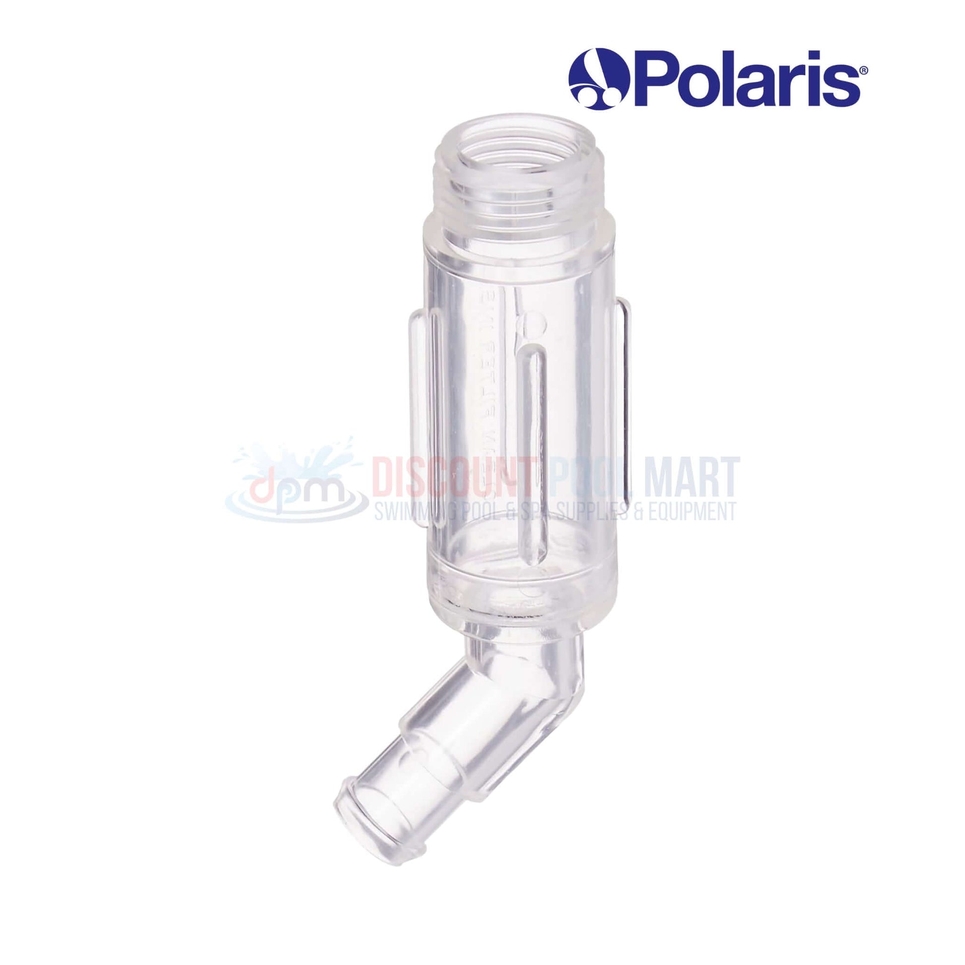 D31 | Polaris Hose Barb Strainer Housing For 180 Cleaners, clear transparent body, part of Discount Pool Mart pool supplies.
