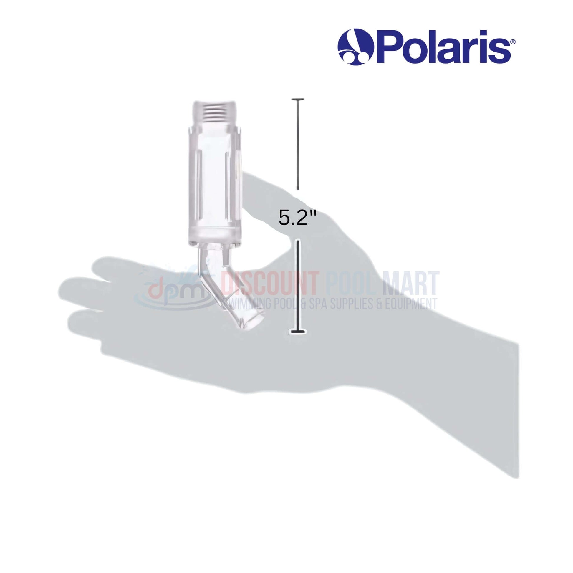 D31 | Polaris Hose Barb Strainer Housing For 180 Cleaners being held, clear impact-resistant design, measuring 5.2 inches, from Discount Pool Mart.