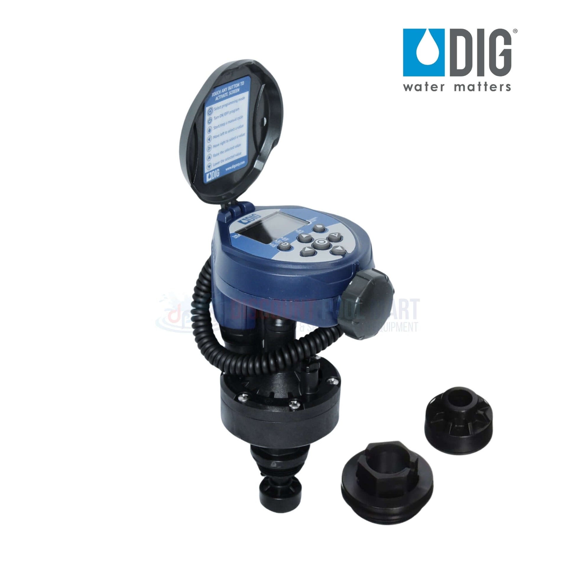 DIG Battery Powered Digital Irrigation Timer RBCMVA from Discount Pool Mart DPM with LCD display and 3/4" actuator.