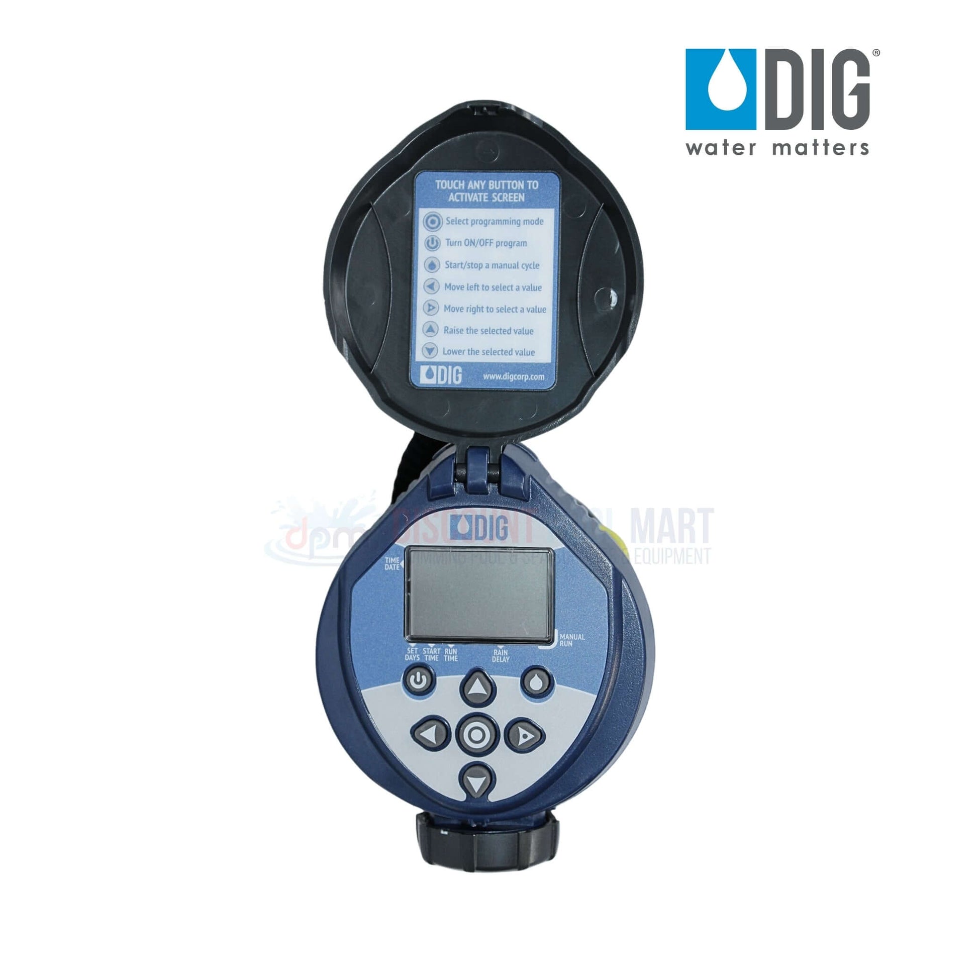 DIG Battery Powered Digital Irrigation Timer RBCMVA from Discount Pool Mart DPM, featuring LCD display and user-friendly controls.