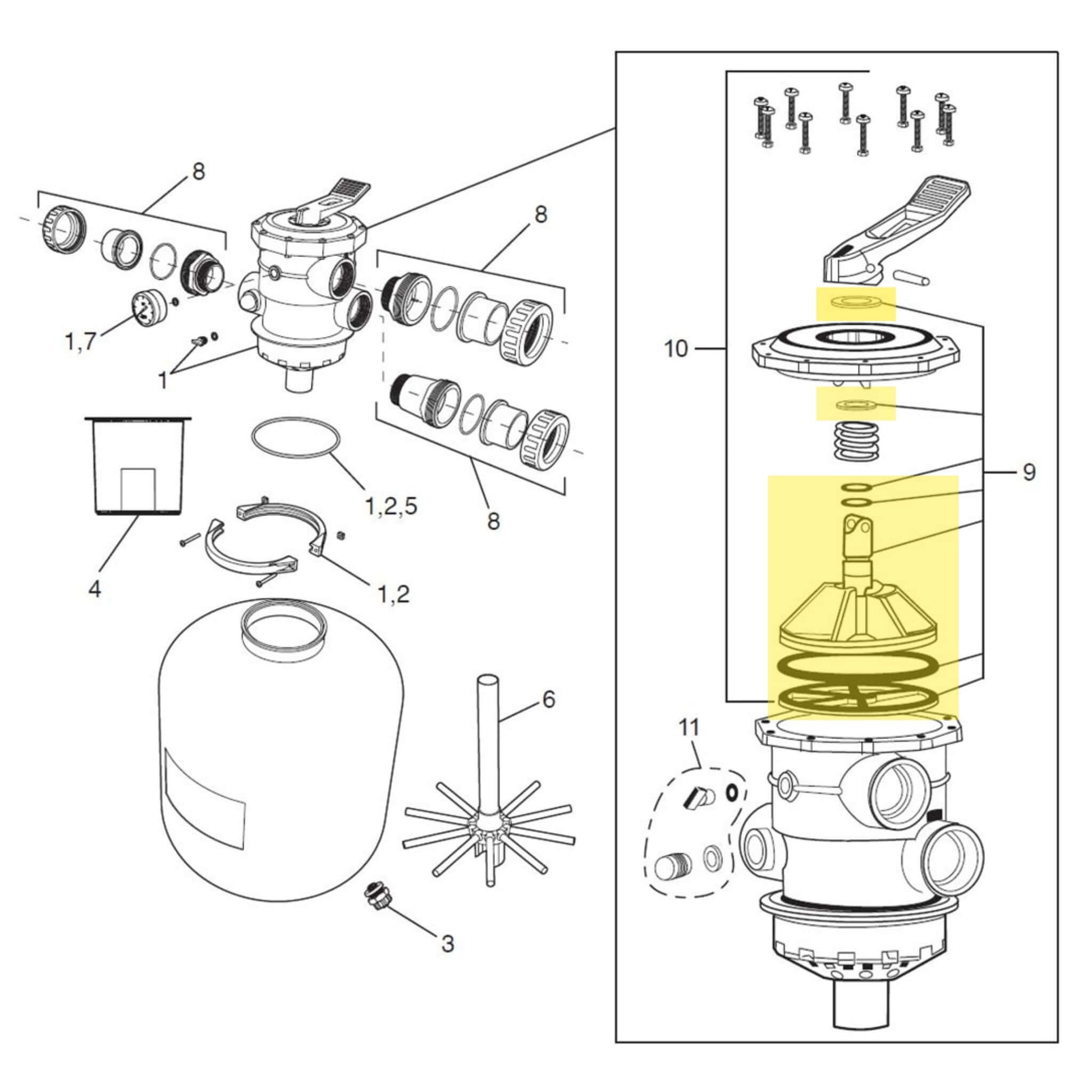 Diagram showing components of R0987500 | Jandy SFTM24-2.0 MPV Rebuild Kit, including valve parts and assembly guide.