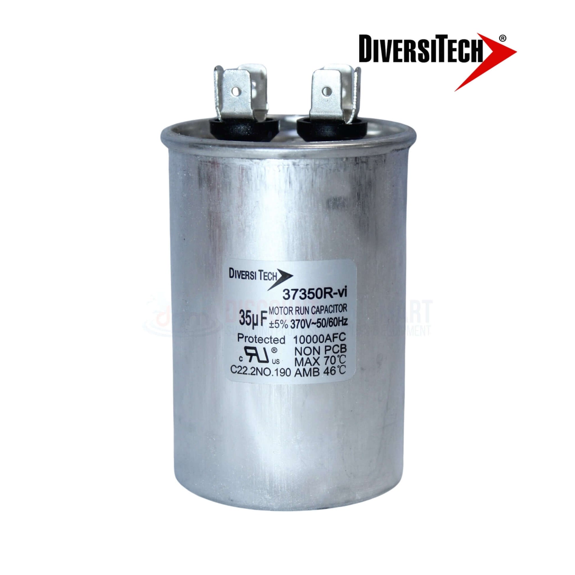 DiversiTech Motor Run Capacitor 37350R, 35µF 370VAC, aluminum canister, quick-connect terminals for pool supplies.