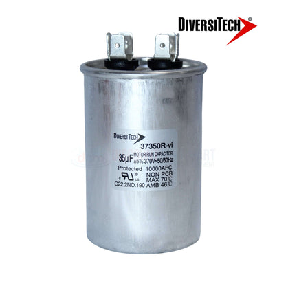 DiversiTech Motor Run Capacitor 37350R, 35µF 370VAC, aluminum canister, quick-connect terminals for pool supplies.