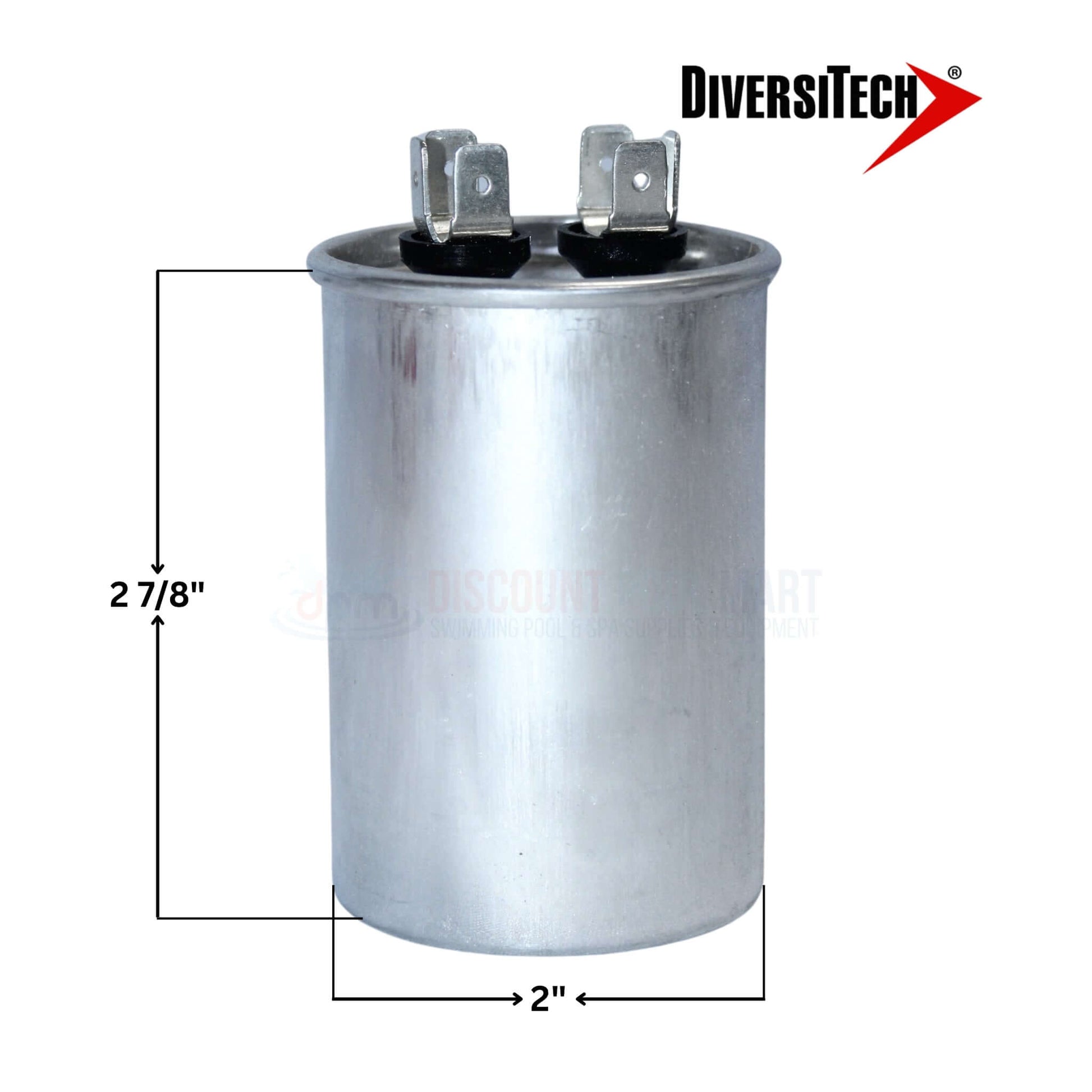 DiversiTech Motor Run Capacitor 35uF 37350R, 2 7/8" tall, 2" wide, with quick-connect terminals, for HVAC and pool supplies.