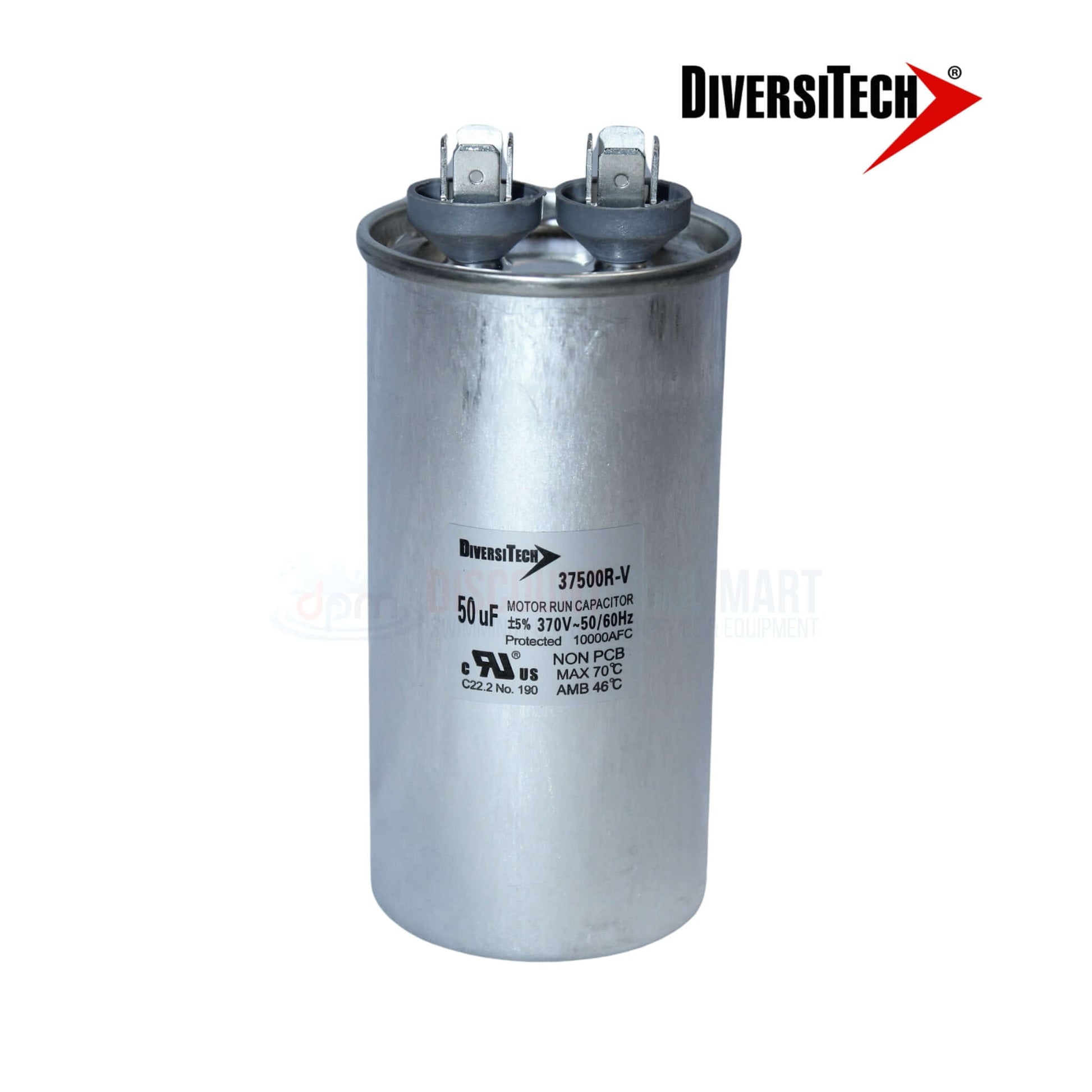 DiversiTech 37500R Motor Run Capacitor 50uF shown from the side, durable silver steel housing for HVAC and pool supplies.