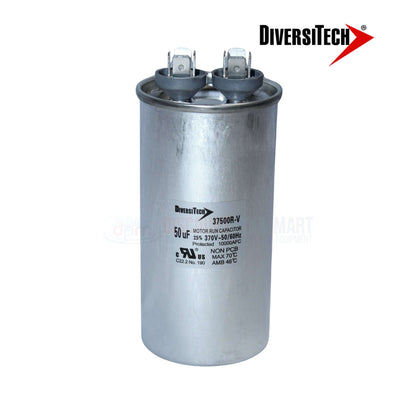 DiversiTech 37500R Motor Run Capacitor 50uF shown from the side, durable silver steel housing for HVAC and pool supplies.