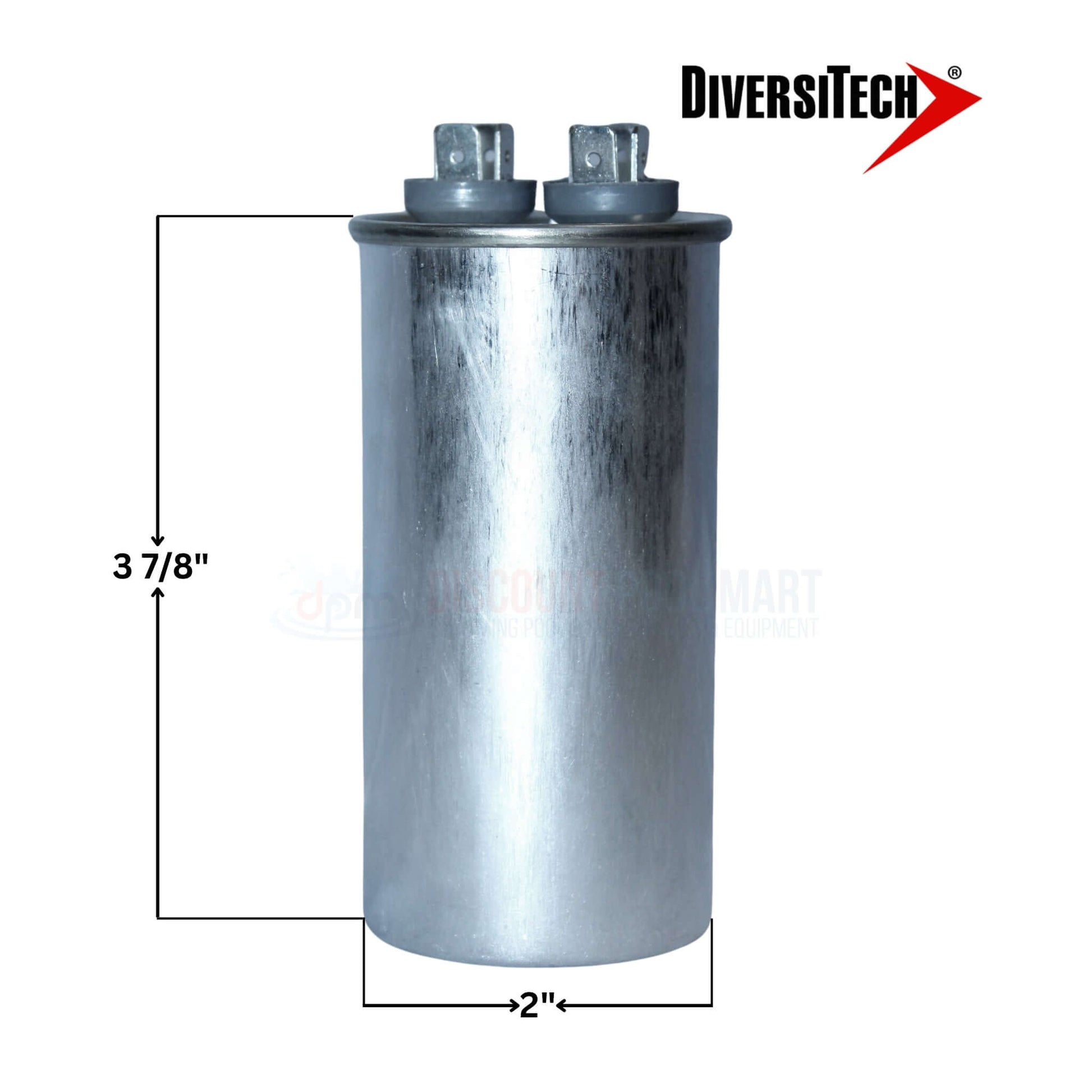 DiversiTech 37500R motor run capacitor, 50uF, oval steel housing, 2" diameter, 3 7/8" height, for pool supplies at Discount Pool Mart.