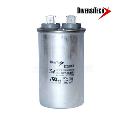 DiversiTech 37250R Motor Run Capacitor 25uF for pool equipment, silver round capacitor with dual terminals.