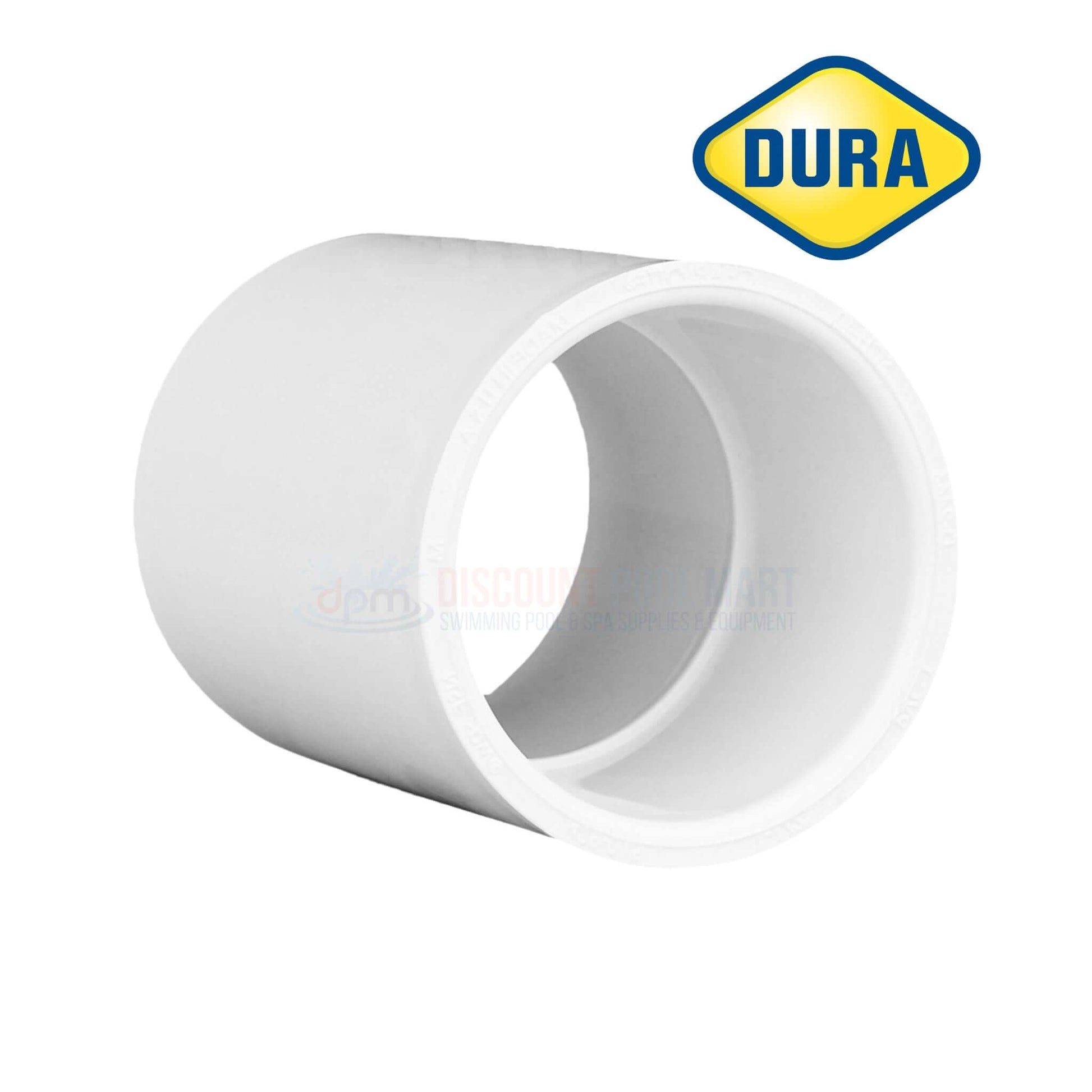 Dura Plastic PVC Coupling 2 Inch Slip Schedule 40, model 429-020 from Discount Pool Mart DPM, ideal for plumbing and irrigation.