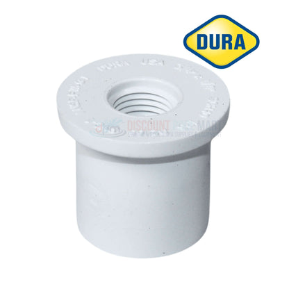 Dura Plastic Reducer Bushing 3/4" x 1/4" by Discount Pool Mart, durable PVC fitting for plumbing.
