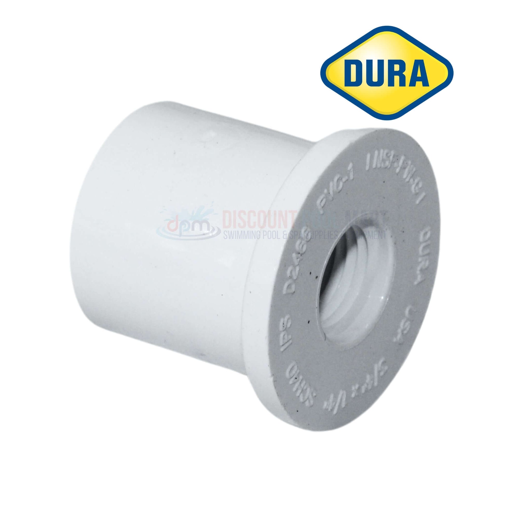 Dura Plastic Reducer Bushing 3/4" x 1/4" 438-098BC from Discount Pool Mart DPM, ideal for plumbing transitions.