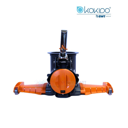 Kokido BWT EV104CBX | BWT Vektro XL Xtra Wide Rechargeable Pool Vacuum in orange, showcasing front view for pool cleaning efficiency.