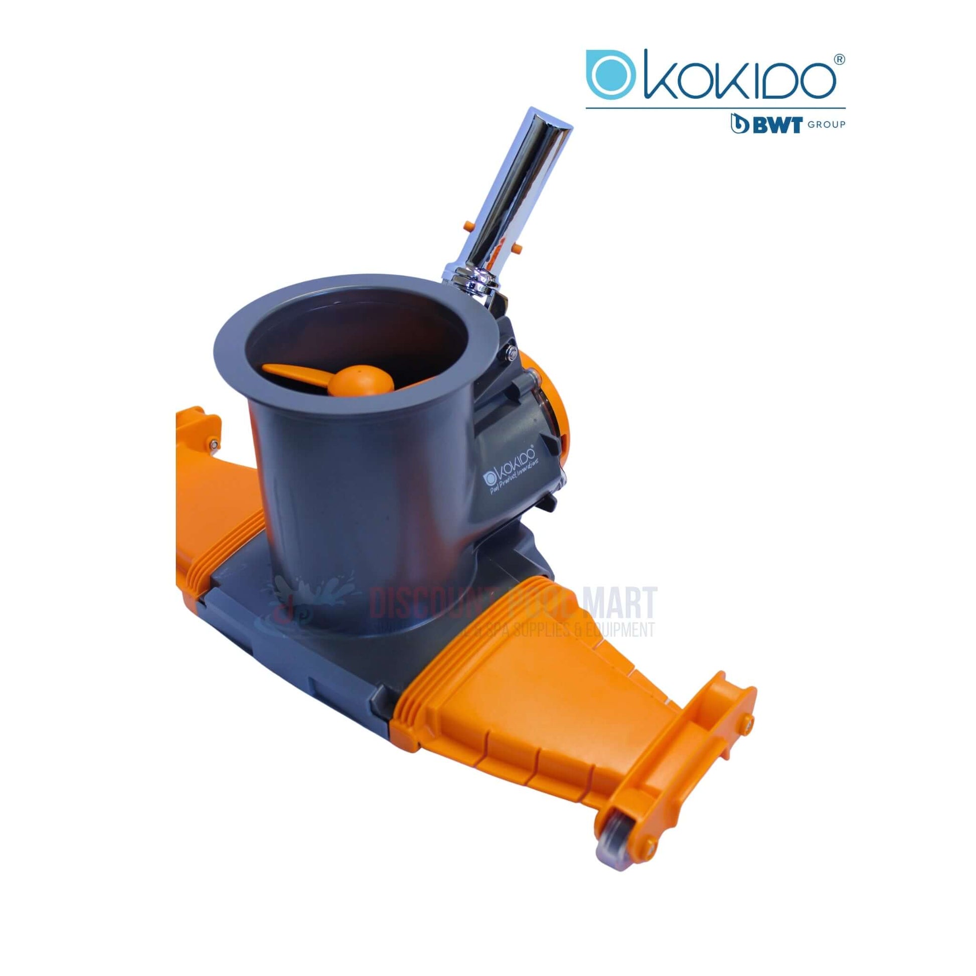 EV104CBX | BWT Vektro XL Xtra Wide Rechargeable Pool Vacuum, gray and orange, shown from the side, ideal for pool cleaning, Discount Pool Mart.