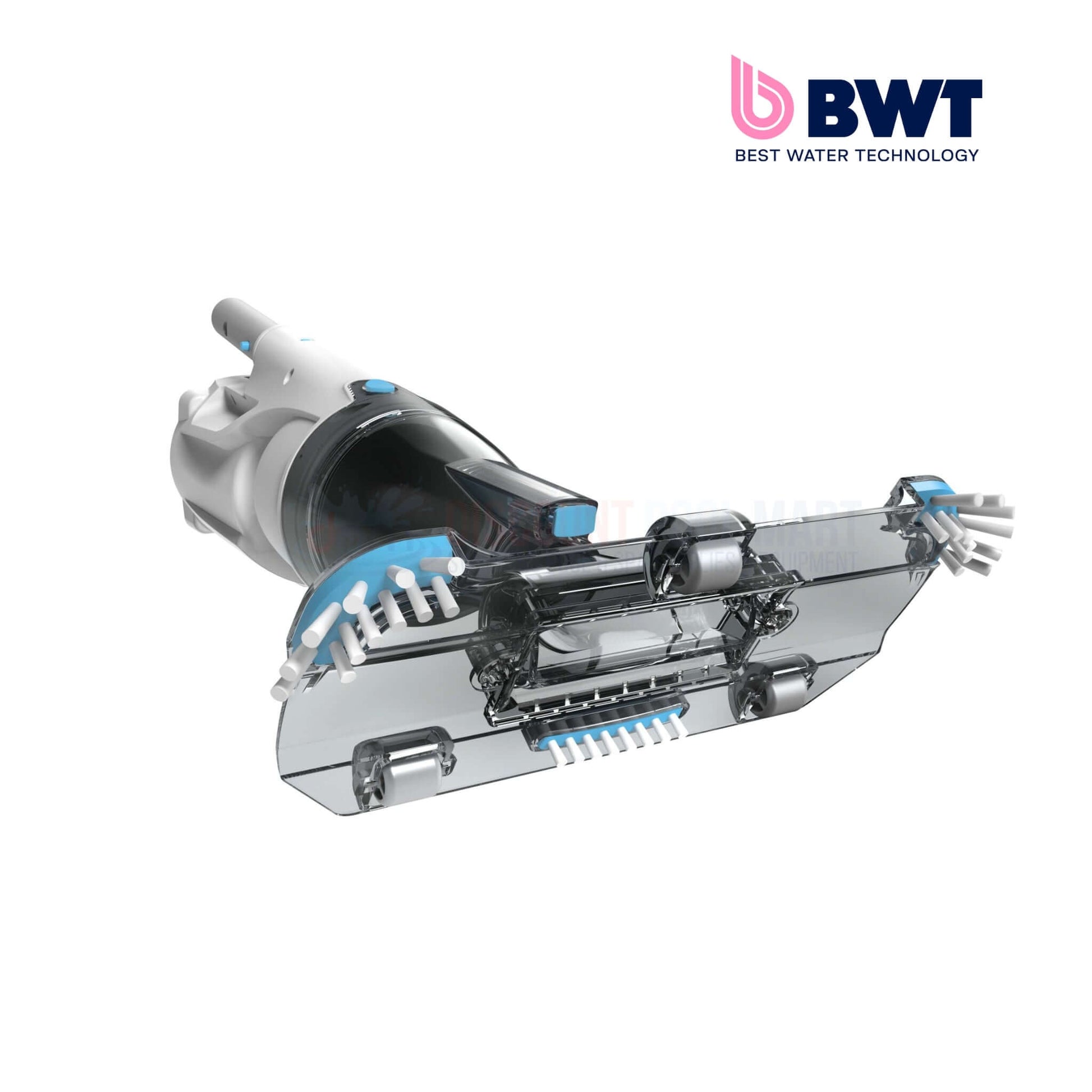 BWT PK Swift cordless pool vacuum BC35 close-up showing transparent cartridge and cleaning brushes, from Discount Pool Mart.