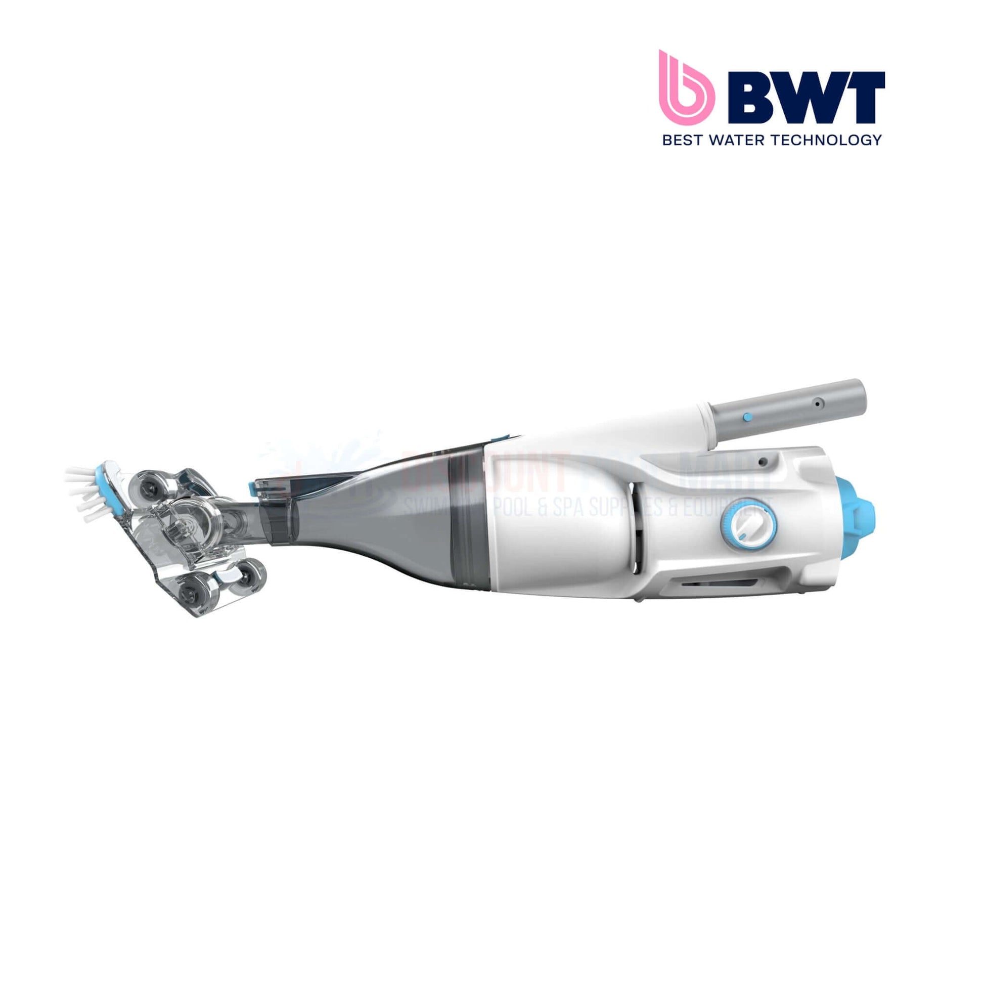 BWT PK Swift cordless pool vacuum BC35, white and gray color, showing cleaning brush and transparent cartridge, from Discount Pool Mart.