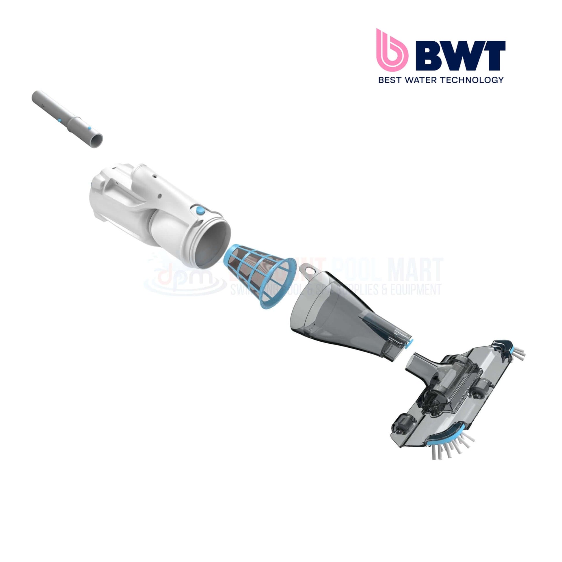 BWT PK Swift Rechargeable Pool Vacuum BC35 parts, showcasing transparent cartridge and filter for effective cleaning at Discount Pool Mart.