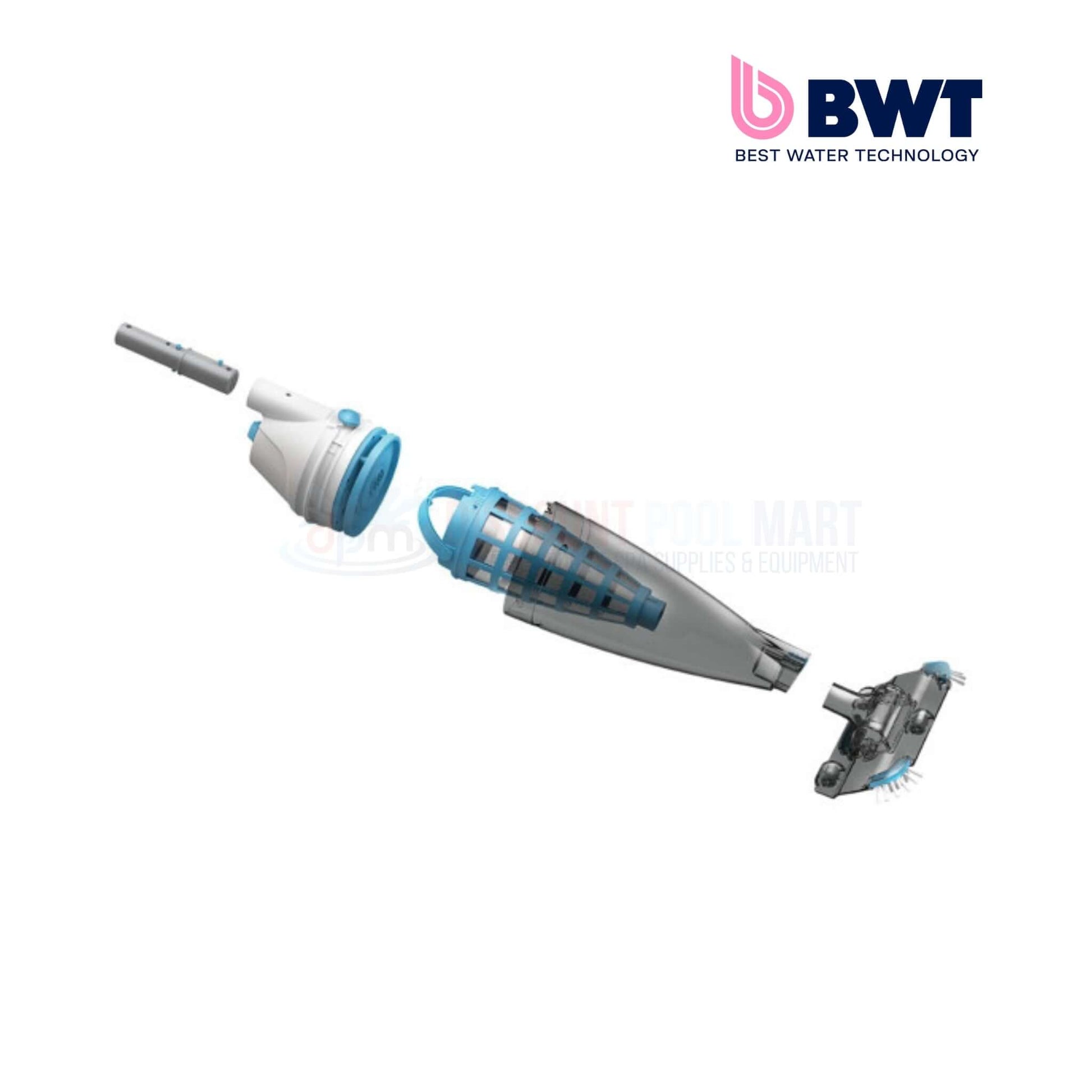 BWT PK X-Flow rechargeable pool vacuum BC55, cordless design, blue and gray components, from Discount Pool Mart for pool supplies.