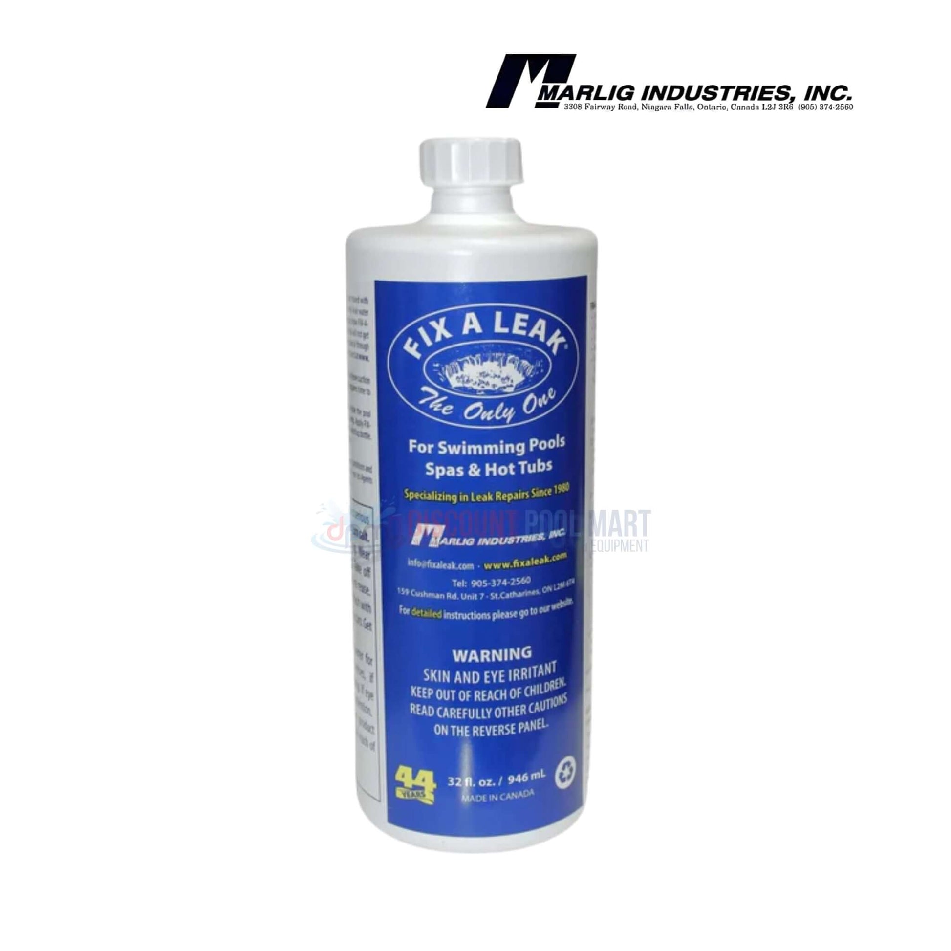 Marlig Fix-A-Leak Pool and Spa Leak Sealant | 32oz | FAL32 bottle, front view, for sealing leaks in pools and spas, Discount Pool Mart.