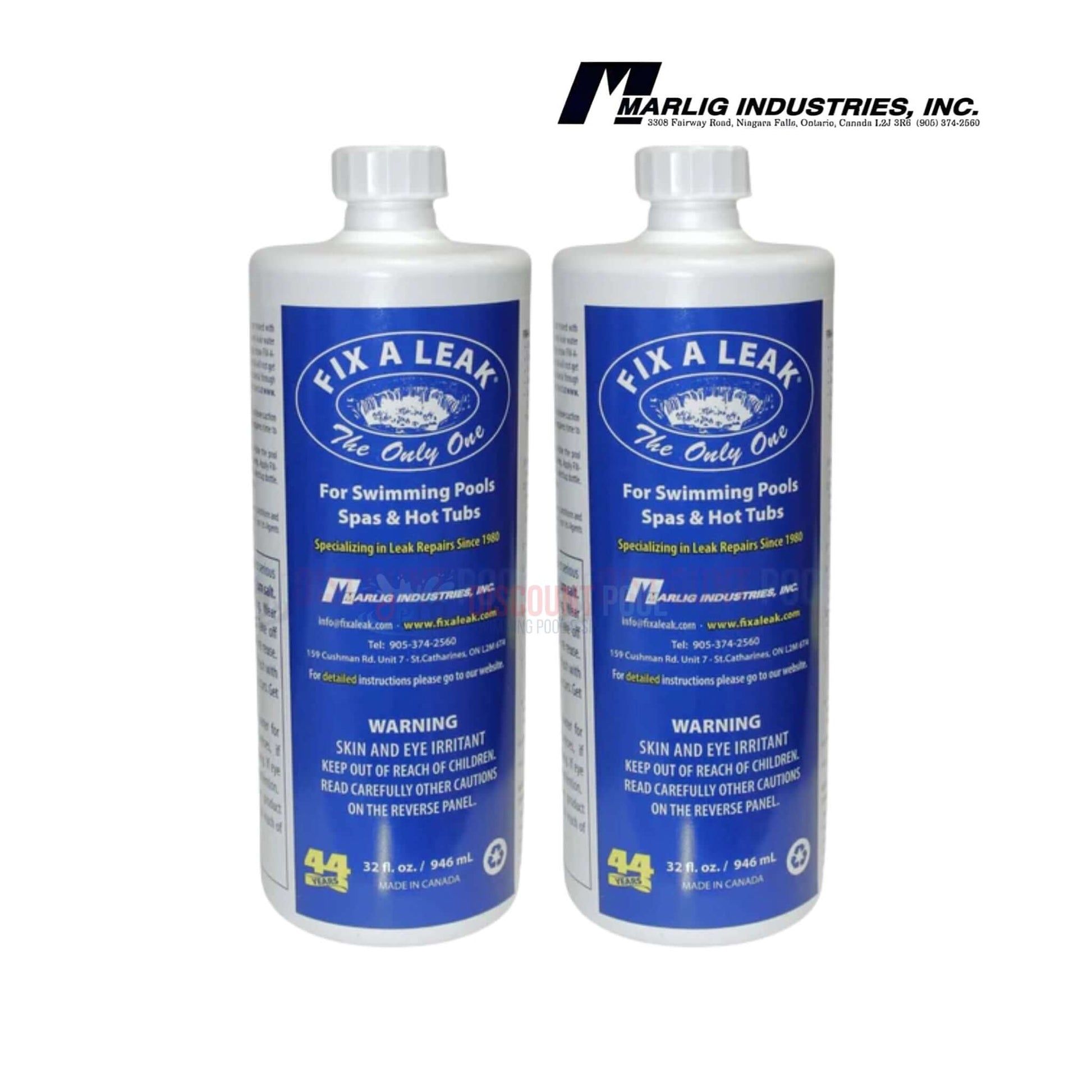 Marlig Fix-A-Leak Pool and Spa Leak Sealant | 32oz | FAL32 bottles, shown front view, ideal for sealing pool leaks, from Discount Pool Mart.