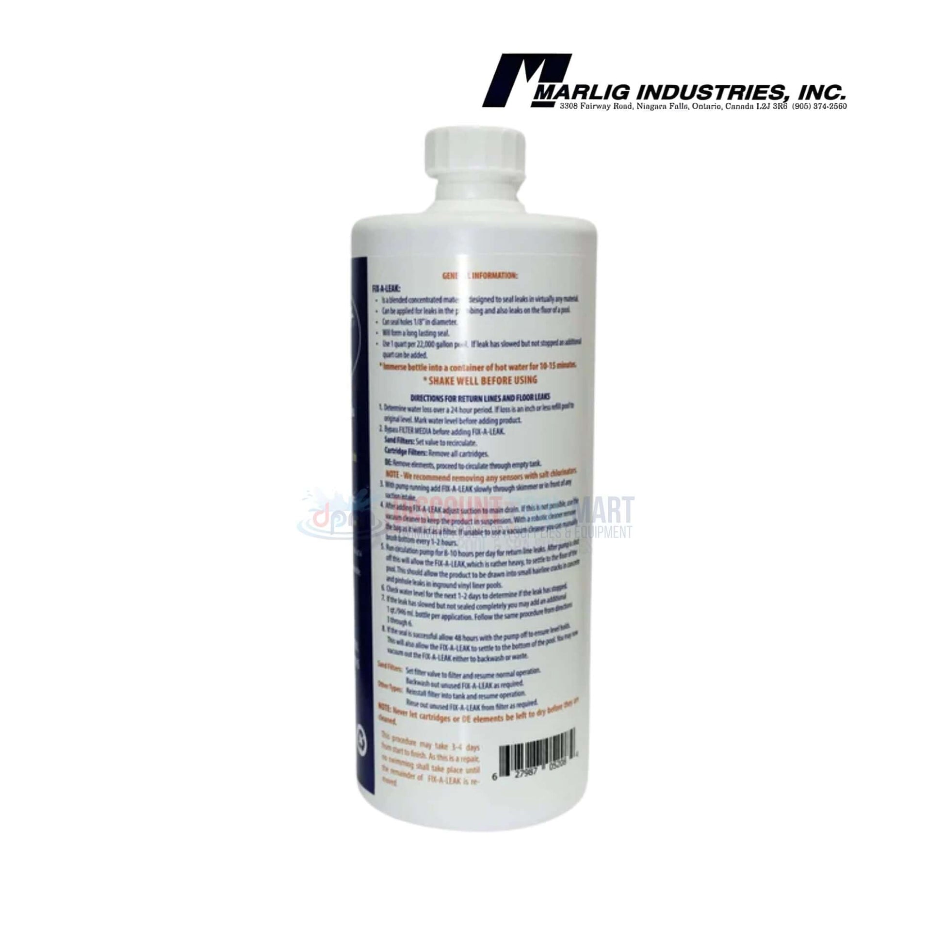 Marlig Fix-A-Leak Pool and Spa Leak Sealant | 32oz | FAL32 back label view, showing instructions and safety info - Discount Pool Mart supplies.