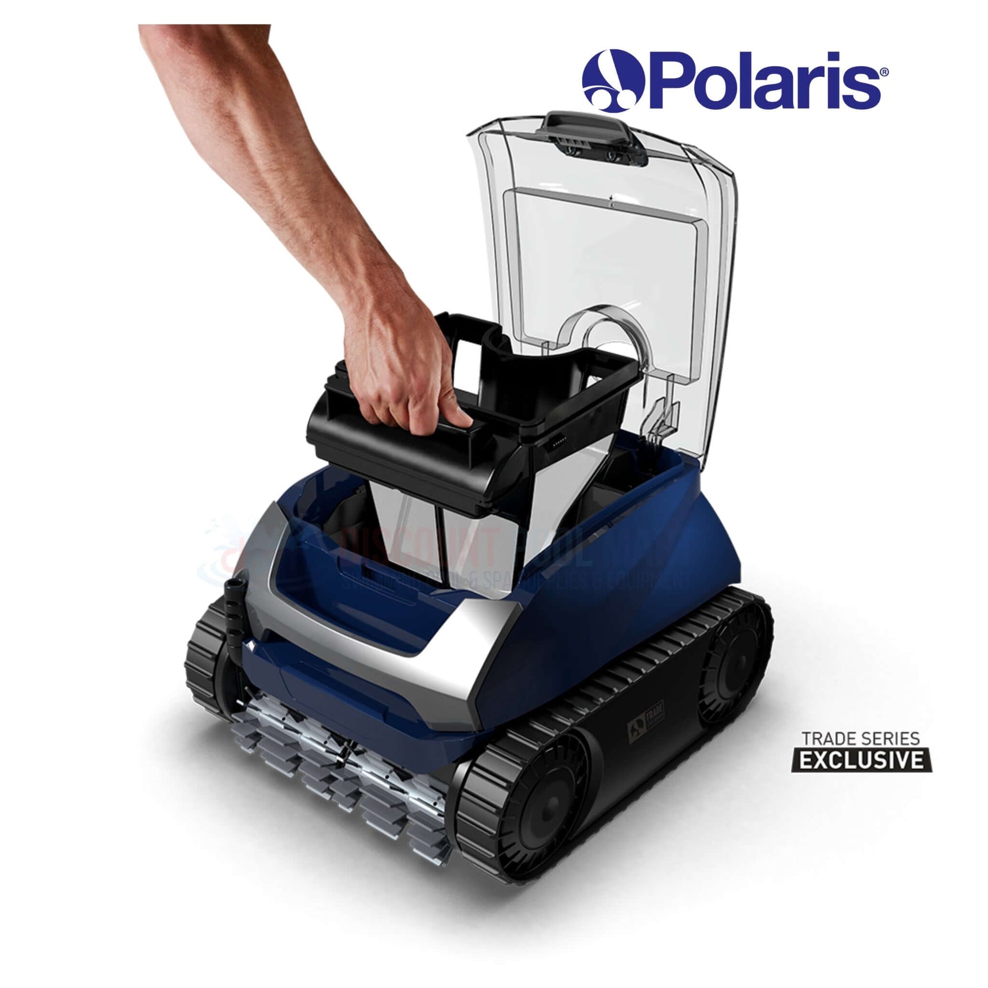 Polaris EPIC 8640 Robotic Pool Cleaner with Caddy, model FEPIC8640, by Discount Pool Mart DPM, showcasing easy handling.