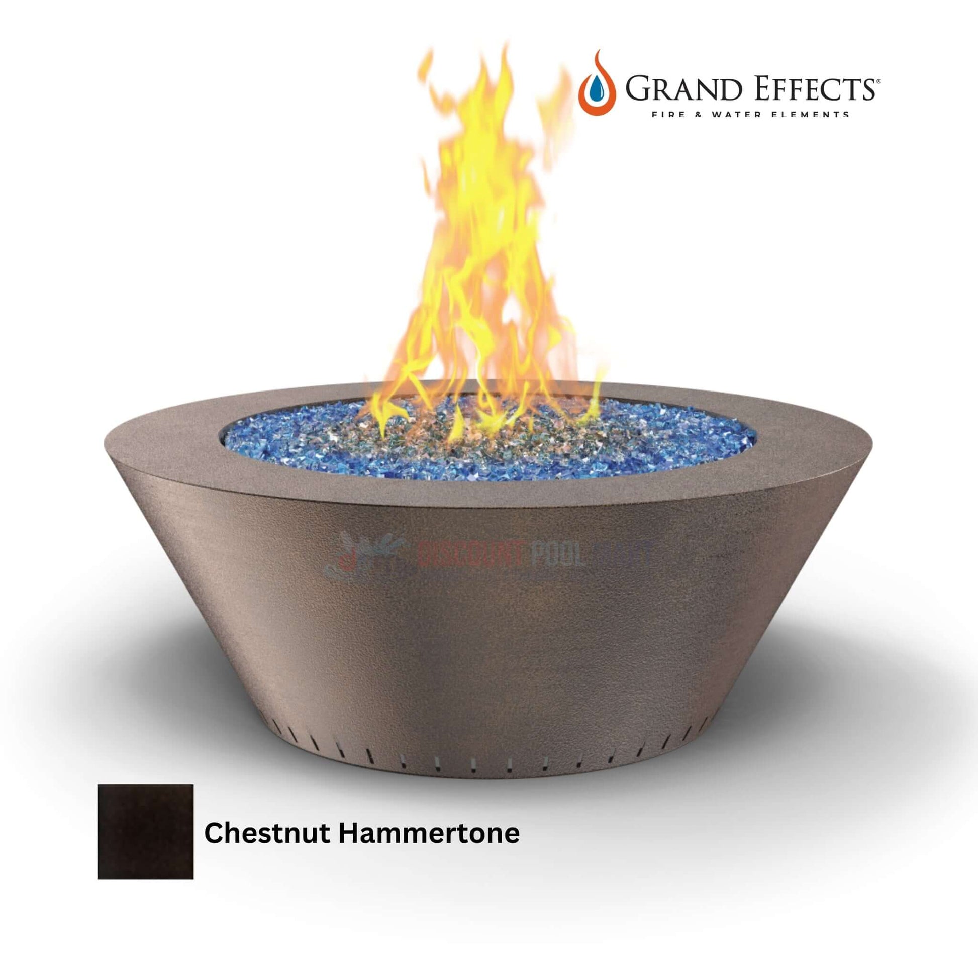 Grand Effects Chestnut Hammertone Fire Table with flames and blue glass beads, available at Discount Pool Mart DPM.