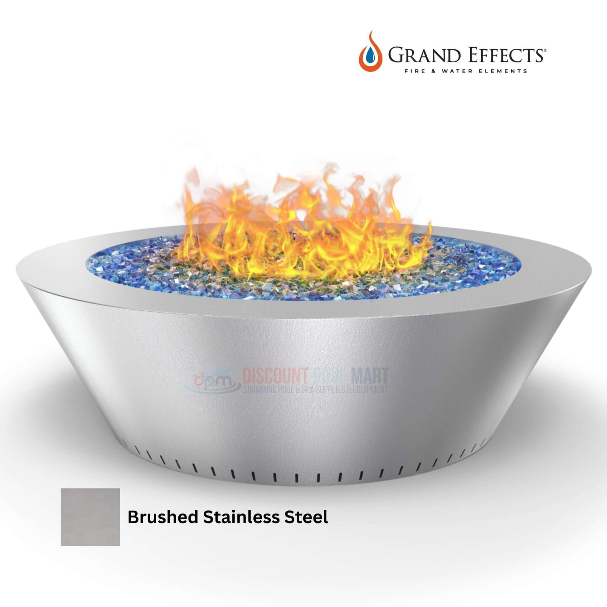Grand Effects Grand Essex Fire Table in brushed stainless steel from Discount Pool Mart DPM, featuring modern design and fire elements.